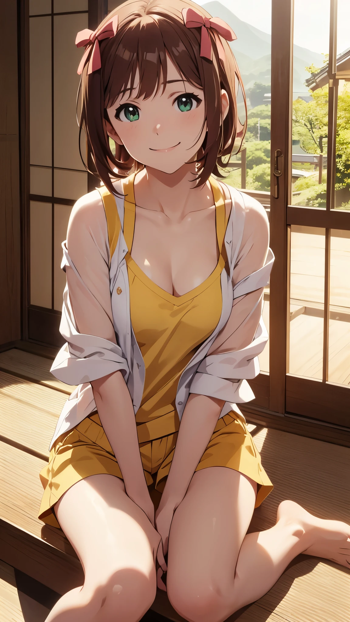 CG, unity, 8k, wallpaper, highest quality, masterpiece, haruka amami, (smile: 1.2), sitting on the engawa, yellow camisole, shorts, barefoot, thighs, best lighting, complex pupils, complex textile, detailed background, Japanese countryside scenery, hand out an popsicle to the viewer