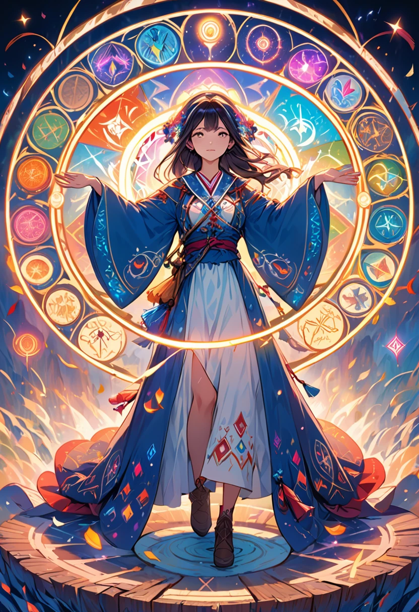 A captivating and enchanting scene of a magic circle illuminating with a kaleidoscope of vivid colors. The circle is encircled by an assortment of mystical symbols and runes, each with their own unique design. At the center of the circle, a wizard or sorceress stands with confidence, their hands outstretched, mastering the elements. The ambiance of the image is filled with a sense of wonder, power, and the unknown.