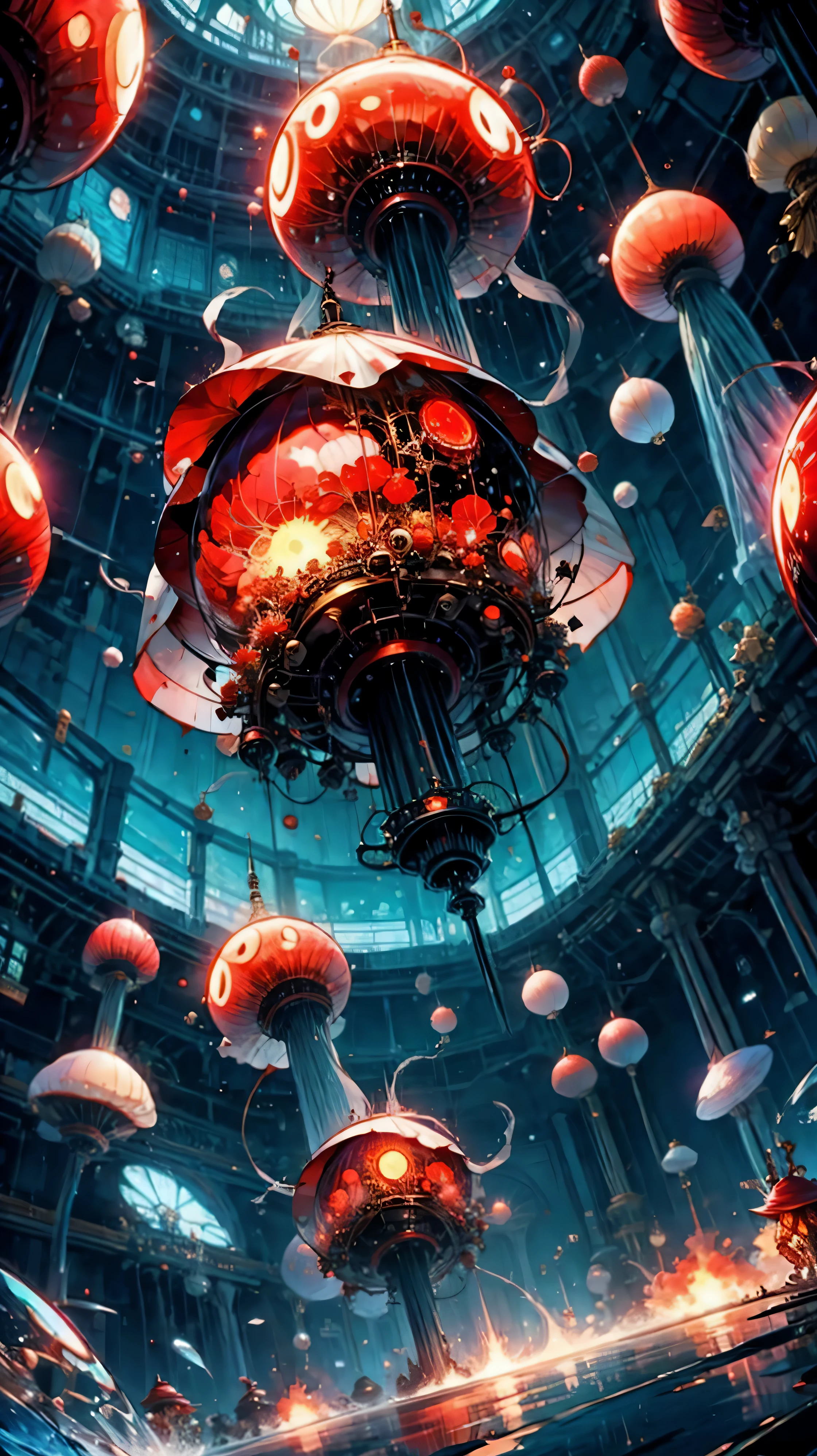 sphere-shaped bomb jellyfish, vibrant red, explode, red jellyfish structure, bomb, HD, Ultra-clear