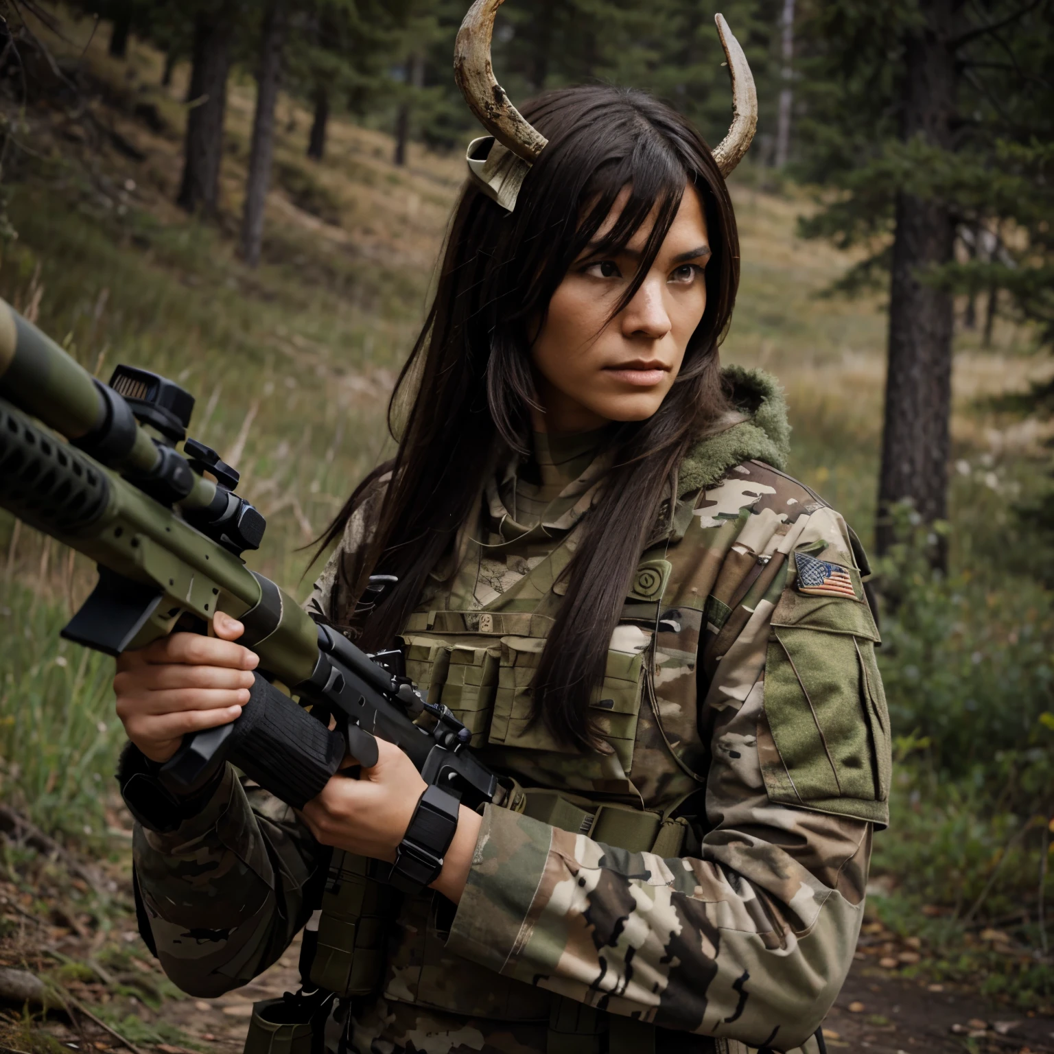 tall and muscular female soldier, elk skull mask with big horns, ghillie sniper uniform, holding a camouflage rifle.