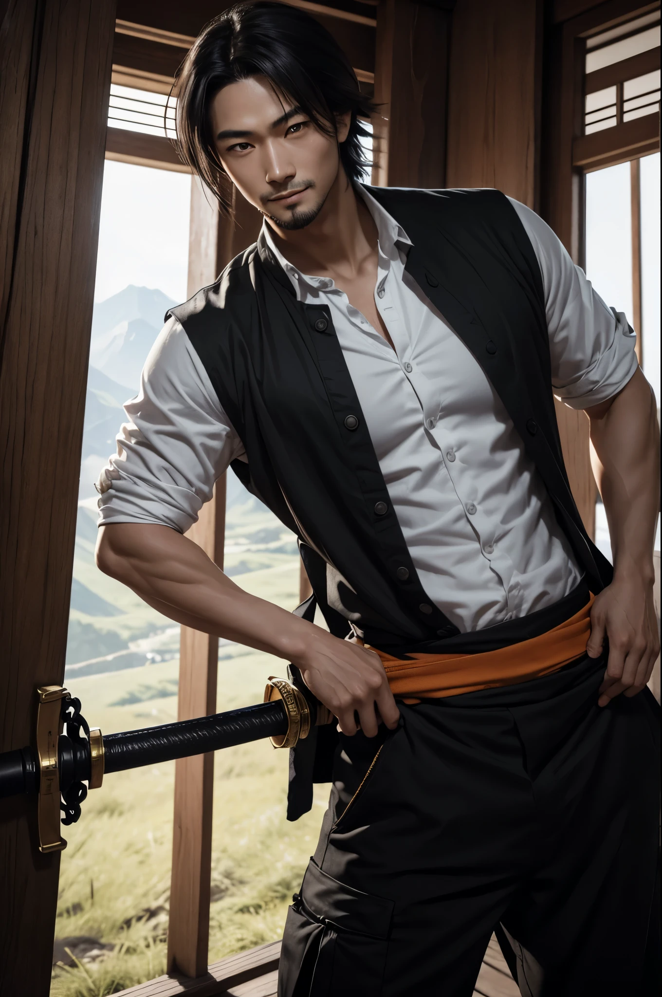 8k,Young man with fancy brown medium bob hair(24-years-old),challenging atmosphere,muscular slim body,super realistic skin,Severely cracked abdominal muscles,black and orange combat uniform,white inner shirt,black and orange combat pants,In the forest with a large and long Japanese sword,naughty smile,Big eyes,black eye,Wear black combat uniform to hide your body,perfect hand shapeの詳細,comical pose,masterpiece,Photorealistic RAW photos of the highest quality。bright colors,rich colors, Backlight, cinematic lighting, film grain, to be born, 50mm lens, Nikon D850,detailed character art,fantasy art,ultra high resolution,super realistic skin,perfect hand shape,mountain path,people４(Hanamura Yosuke),wild(super realistic skin),one point beard,アジアpeople,