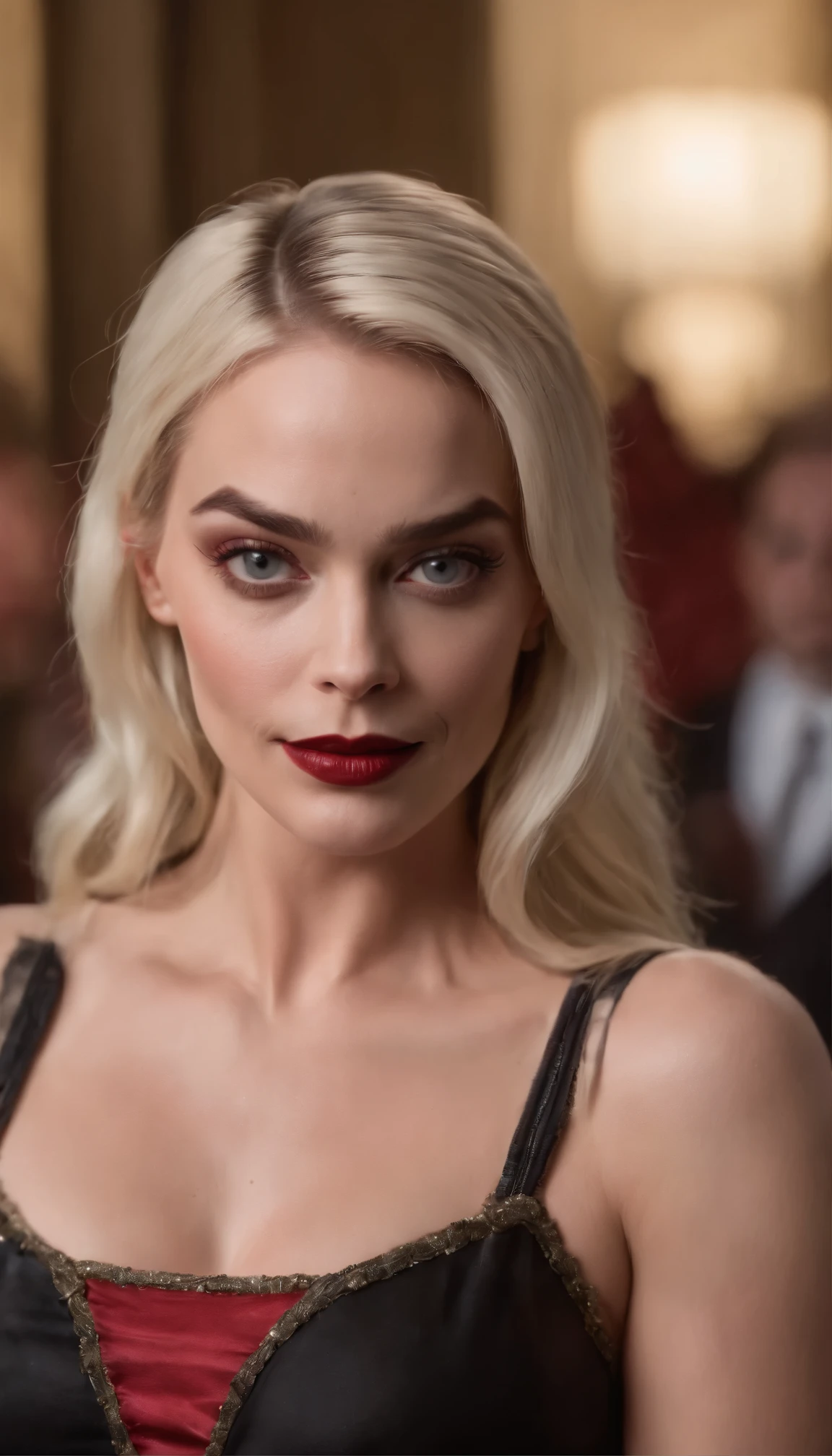 Funny caricature of Margot Robbie as Harley Quinn, detalhes intrincados, 8K, hiperrealista