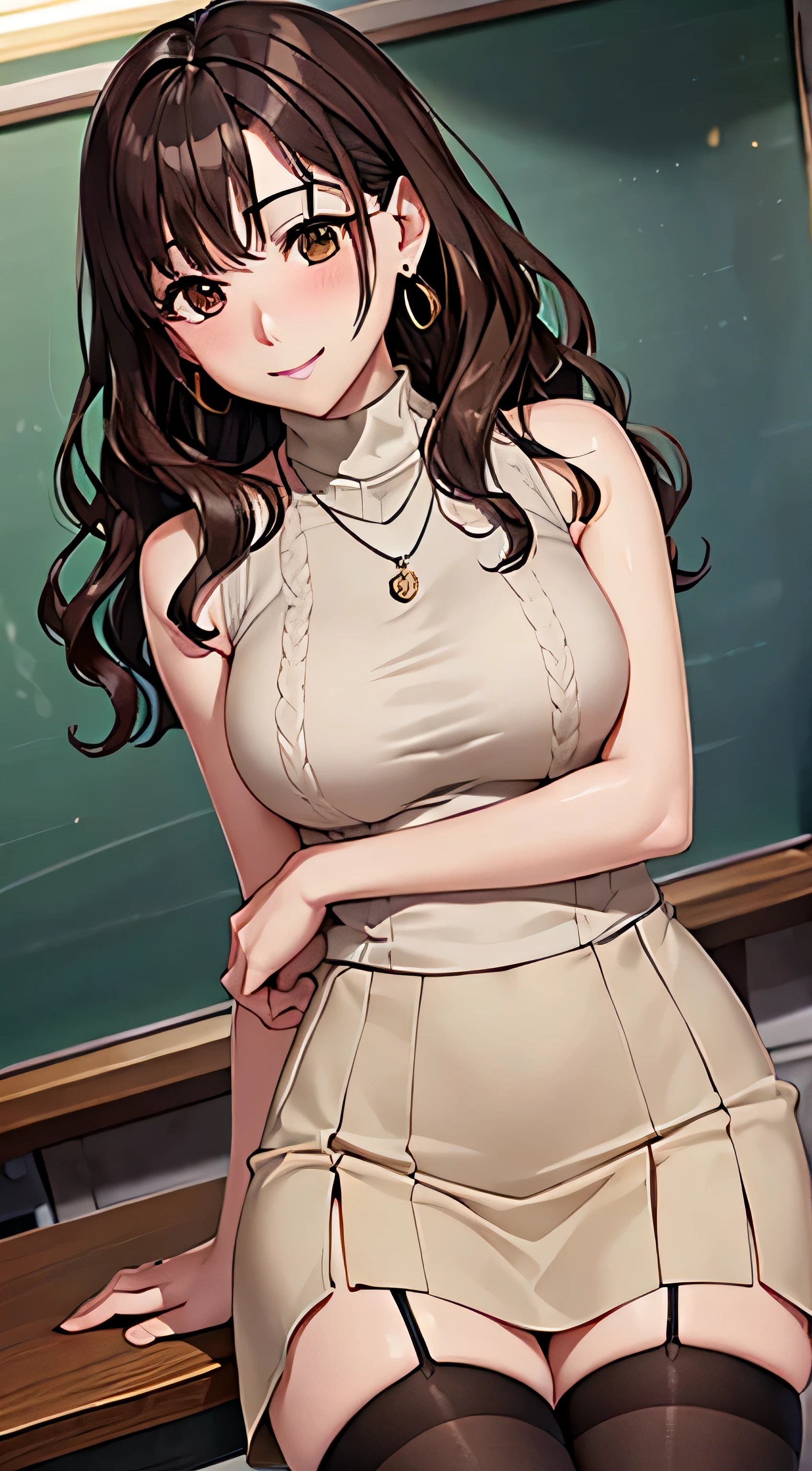 (table top, highest quality, High resolution, , perfect pixel, 4k,), 1 girl, single, alone, Beautiful woman、I could see the whole body、 ((wavy middle hair, bangs, brown hair)), ((brown eyes, beautiful eyelashes, realistic eyes)), ((detailed face, blush:1.2)), ((smooth texture:0.75, realistic texture:0.65, realistic:1.1, Anime CG style)), medium breasts, dynamic angle, perfect body, ((, female teacher, , earrings、necklace、white sleeveless turtleneck sweater、beige flared skirt、black knee high stockings、、、shy smile)), upper grade、、、evening、stand on the podium、go to the blackboard、look back、(、(show side breasts)、angle from below)、