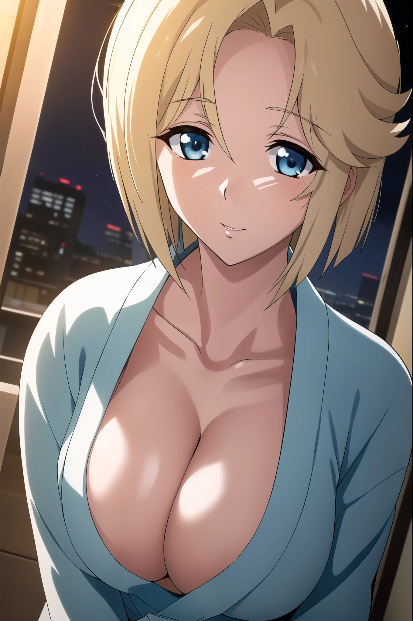 (night:1.7), Japan, Tokyo, City view, in front of the window,
standing at attention,In a room with a wall and door behind her,Upper body,
white clothes,long sleeve,cleavage, clavicle, kimono, kimono,
blonde hair, blue eyes,short hair,
1 girl, 24-years-old,mature woman,beautiful Finger,beautiful long legs,beautiful body,beautiful Nose,beautiful character design, perfect eyes, perfect face,
looking at the viewer, in the center of the image,
NSFW,official art,Highly detailed CG Unity 8k wallpaper, perfect lighting,colorful, bright_front_face_lit,
(masterpiece:1.0),(Highest_quality:1.0), 超High resolution,4k,super detailed,
photograph, 8k, HDR, High resolution, disorganized:1.2, kodak portrait 400, film grain, blurred background, Bokeh:1.2, Lens flare, (lively_color:1.2)
(beautiful,big_chest:1.4), (beautiful_face:1.5),(narrow_waist),