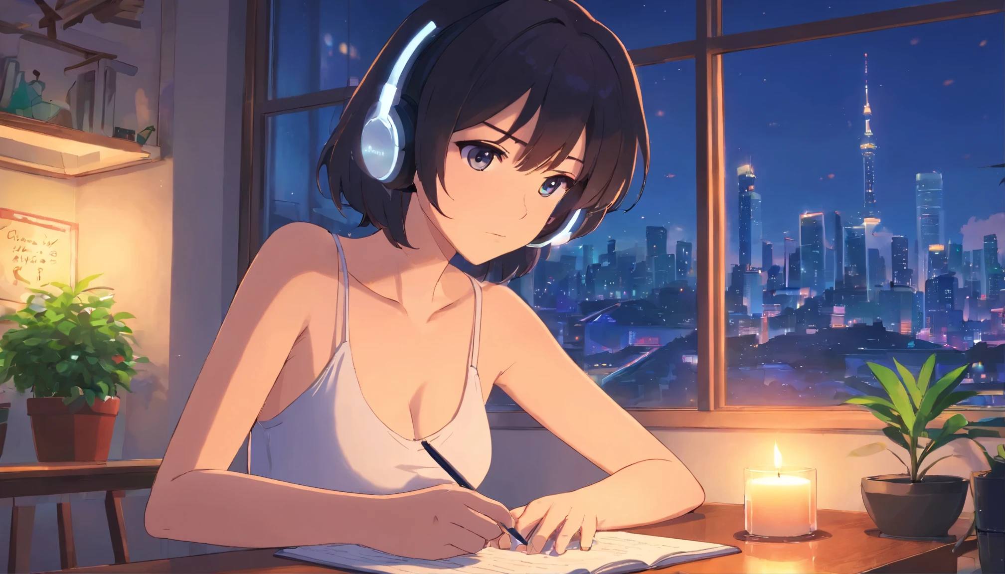 anime girl wearing white headphones, looking at a candle, black hair, 25 years old, tank-top, Exposed cleavage, big breasts F-cup, revealing skin, lofi girl anime vibes, lofi artstyle, anime style 4k, anime aesthetic, nightcore, lofi feel, lofi art, anime art wallpaper 4k, anime wallpaper 4k, lofi vibes, studying, plants in the room, have a pen, writing in a notebook, a mug on the table, a lighted candle on the table, city view, sunrise, white headphone, anime style, cinematic lighting, Sony FE GM, masterpiece, best quality, 4K