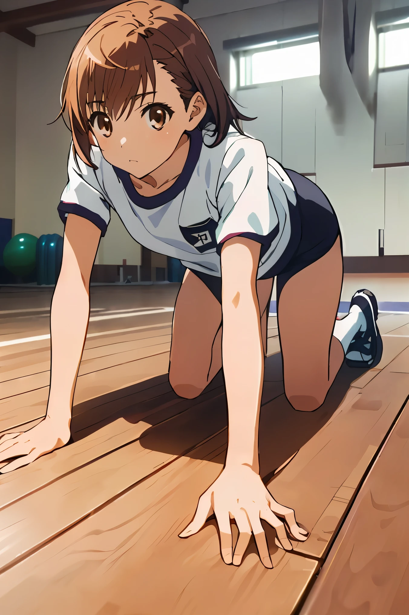 masterpiece, highest quality, Excellent_Mikoto, brown eyes, short_hair, small_chest,misaka Mikoto , (((black buruma, School, gym shirt, white t-shirt, Gym suit, Photo of girl in wooden floor School gym room))),Bloomers are bikini type ,crawl on all fours,crawl,looking at the viewer 