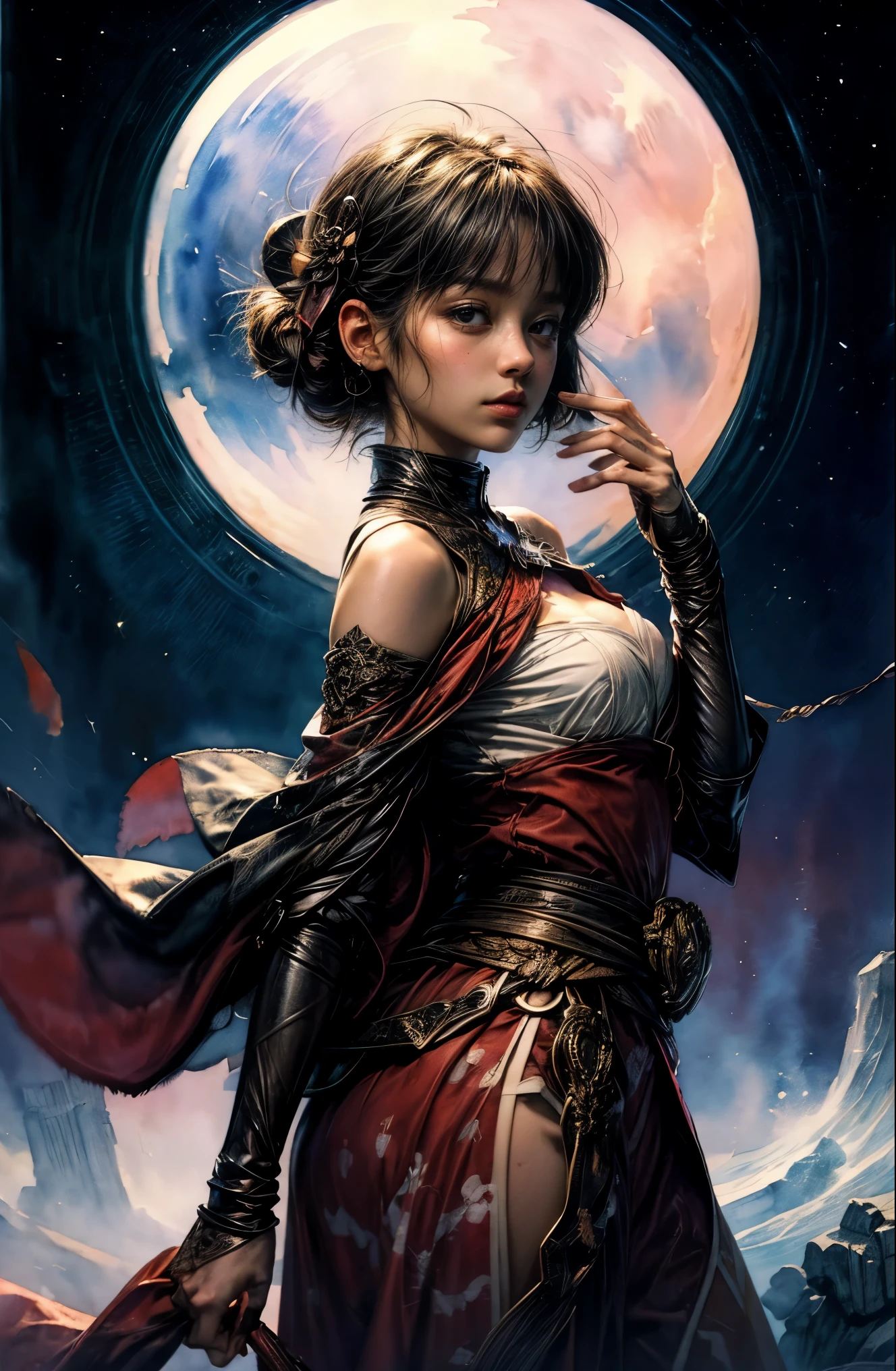 (table top, highest qualityの, highest quality, official art, (beautiful and aesthetic:1.4), (watercolor painting:1.4) ), (Tsukuyomi:1.5), 日本god話のgod様々々, fleeting beauty, A mysterious presence illuminated by the starry sky, god'grace, Calm and meditative look, flowing heavenly clothes, A dazzling silver glow illuminates the night view, Dance of shadows and lights, whispers of ancient legends