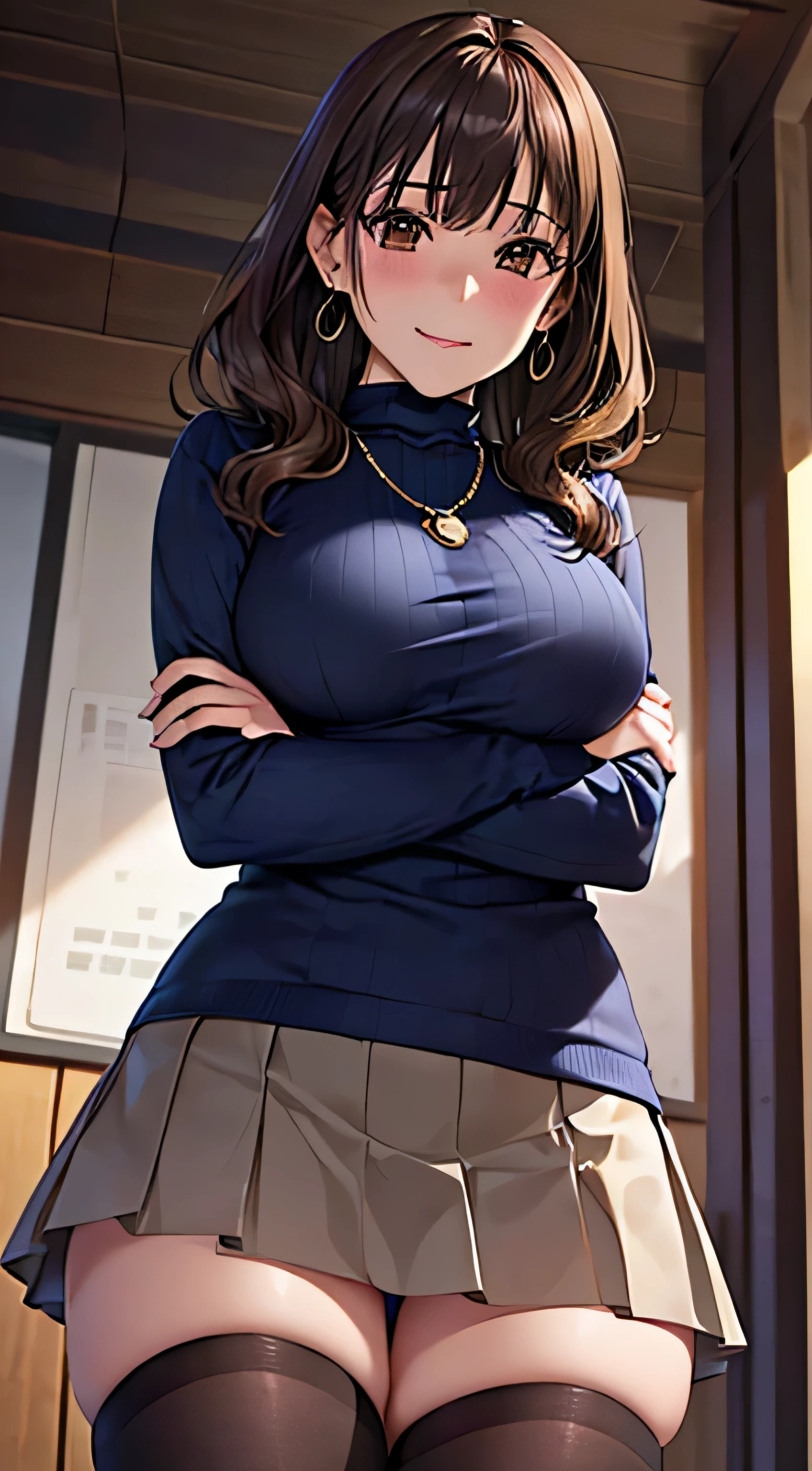 (table top, highest quality, High resolution, , perfect pixel, 4k,), 1 girl, single, alone, Beautiful woman、I could see the whole body、 ((Wavy mid-hair, bangs, brown hair)), ((brown eyes, beautiful eyelashes, realistic eyes)), ((detailed face, blush:1.2)), ((smooth texture:0.75, realistic texture:0.65, realistic:1.1, Anime CG style)), soft chest, dynamic angle, perfect body, ((, female teacher, , earrings、necklace、turtleneck sweater、Dark blue flared skirt、black knee high stockings、胸の谷間にnecklaceを挟む、、shy smile)), Upper grade、stand on the podium、during the lecture、、evening、、You can see pink lace panties、(、(、Close your chest with both arms)、angle from below)、