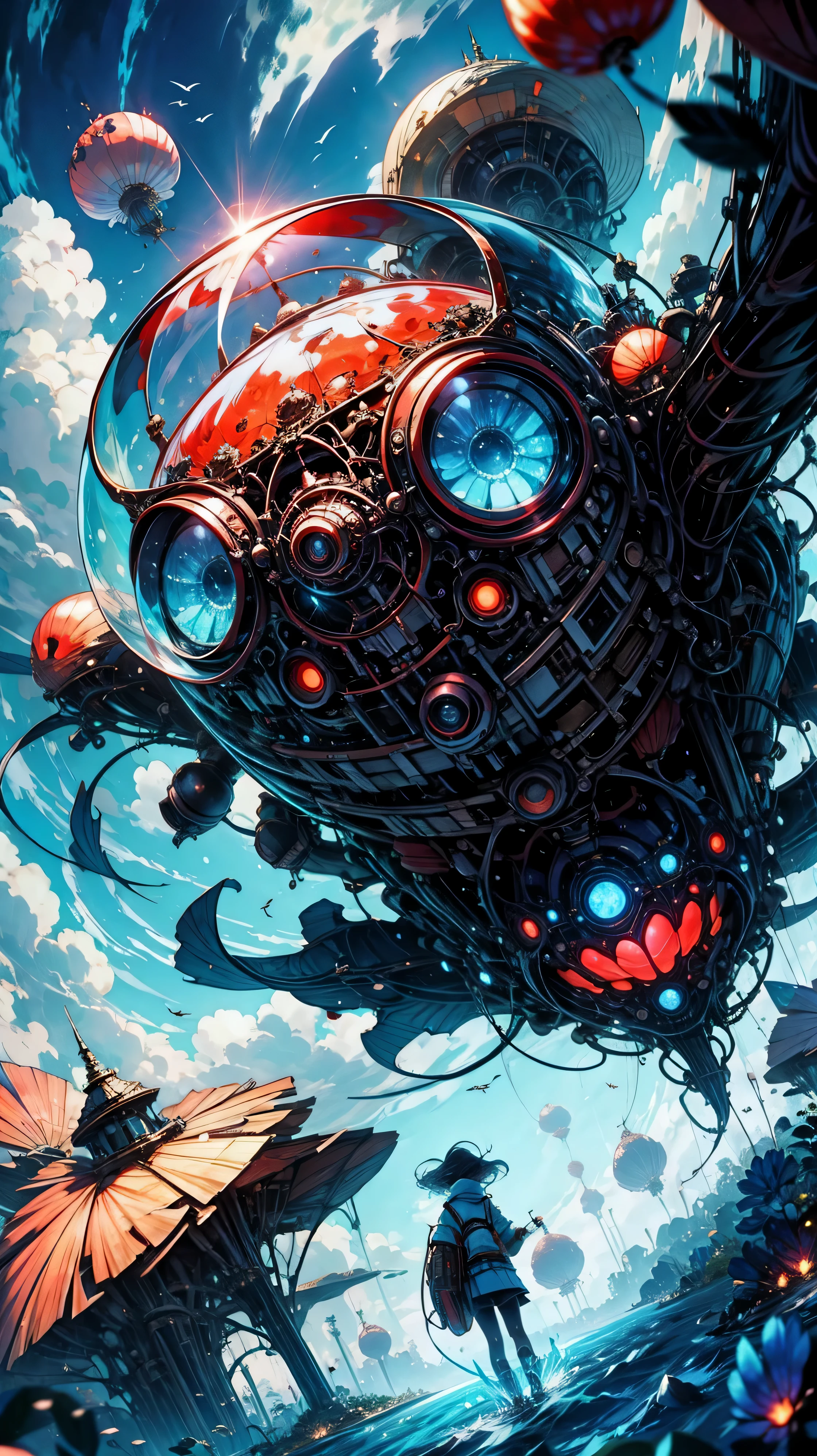 sphere-shaped bomb jellyfish, vibrant red, explode, red jellyfish structure, bomb, HD, Ultra-clear