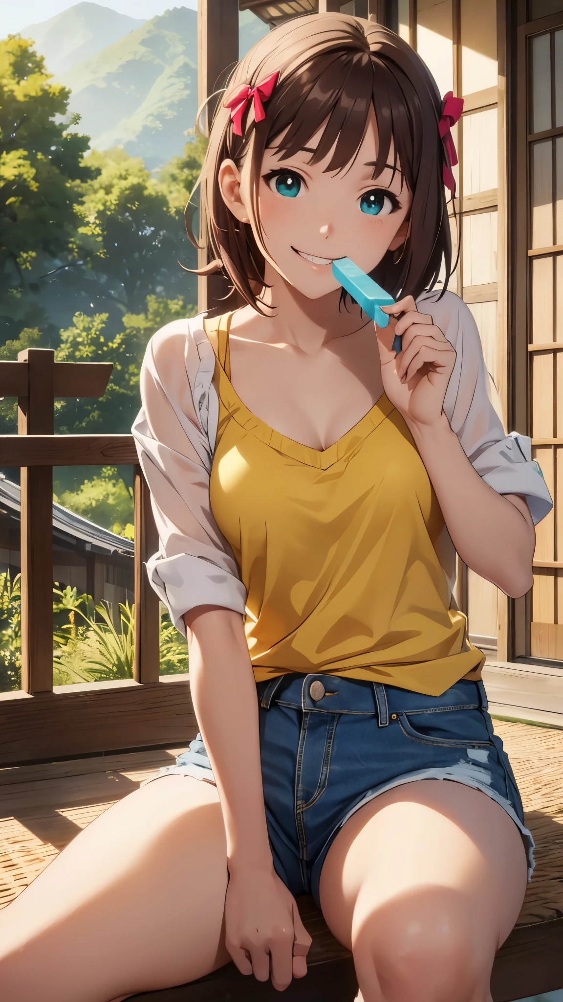 CG, unity, 8k, wallpaper, highest quality, masterpiece, haruka amami, (smile: 1.2), sitting on the engawa, yellow camisole BREAK denim shorts, barefoot, thighs, best lighting, complex pupils, complex textile, detailed background, Japanese countryside scenery, She holds a popsicle in her hand and points it at the viewer.