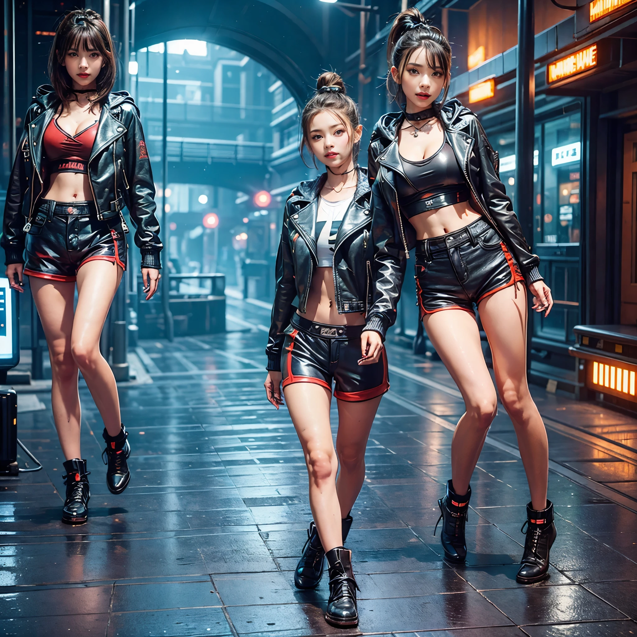 (masterpiece、highest quality))、shape、Super detailed、8k、realistic、sharp focus、very detailed、professional lighting、colorful details、(unparalleled beauty)、(detailed texture)、(skin moisture)、(shiny skin)、(perfect style)、( body)、twin tails、belly button、smile、Full body Esbian、bow、(precise fingers:1.505)、(Flashy hoodie, biker jacket and shorts:1.4)、(On the street corner of a futuristic city)、(COMG3O)、(night)、big breasts、shine、intricate details、Shitsumeka、A woman is in front of the camera、