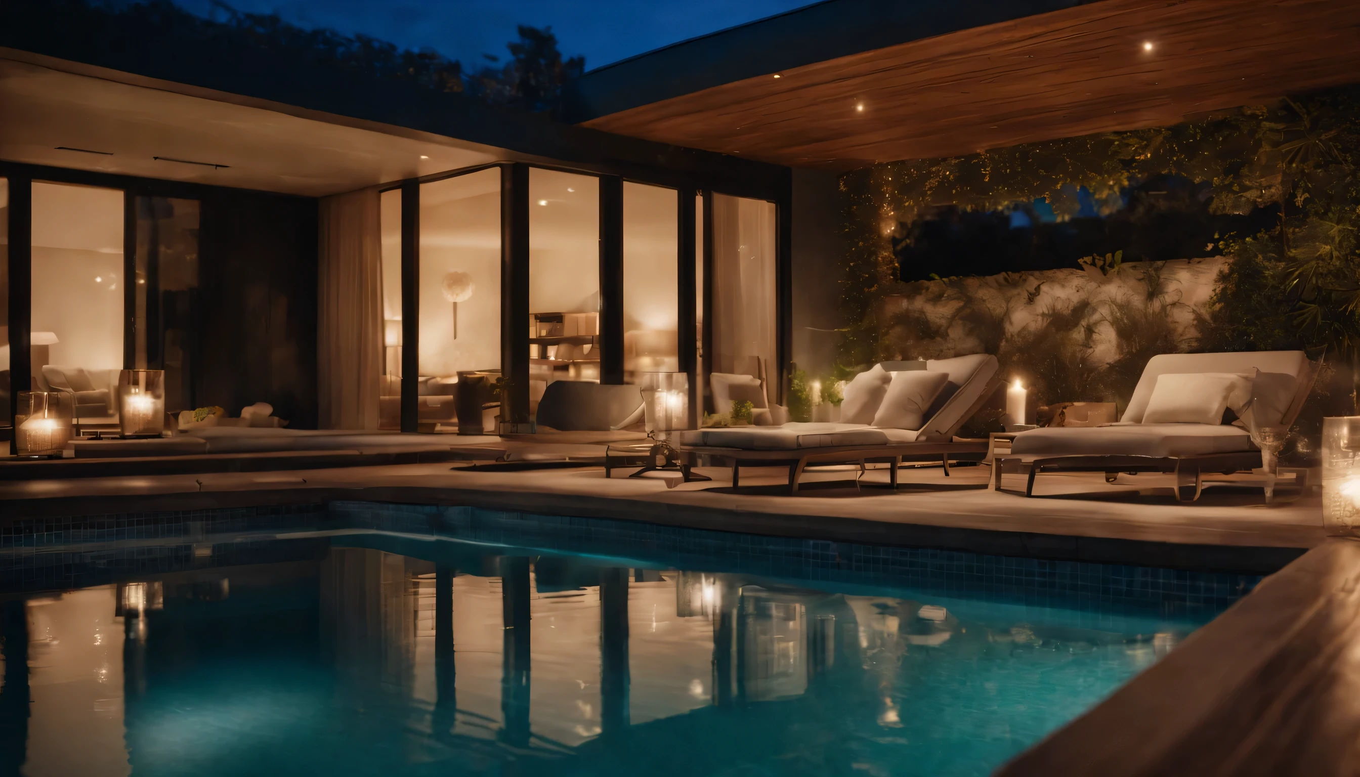 commercial photography, real photos, movie style, realistic, 8k.
Calm, Quiet evening atmosphere. The stars are beautiful in the sky.
Stylish cottage with infinity pool.
You can see the pool from the window.
the other side of the pool, You can see the lights of ships floating on the sea at night..
moonlight reflected in the pool, create a magical atmosphere.
Configuration centered around the pool. blurry. Calming indirect lighting.
there is a candle on the table, Half-read book, and alcohol.