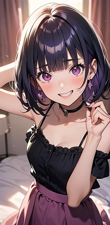 (8K、highest quality、masterpiece:1.2)、Super detailed、super resolution、Realistic、(1girl)  、(purple hair)、short hair。(blunt bangs:1.5),pink eyes、(face focus,upper body),(glowing eyes:1.4),(sundress:1.3)、(grin:1.3),open mouth、cute face,blush、small breasts,hair ribbon,(simple background),covering eyes