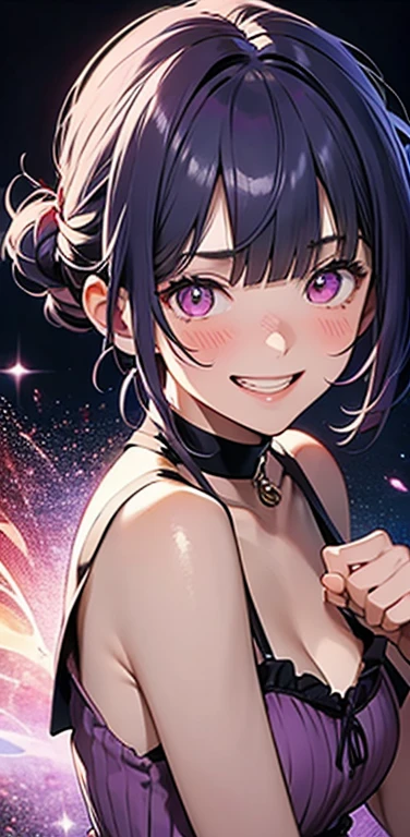 (8K、highest quality、masterpiece:1.2)、Super detailed、super resolution、Realistic、(1girl)  、(purple hair)、short hair。(blunt bangs:1.5),pink eyes、(face focus,upper body),(glowing eyes:1.4),(sundress:1.3)、(grin:1.3),open mouth、cute face,blush、small breasts,hair ribbon,(simple background),covering eyes