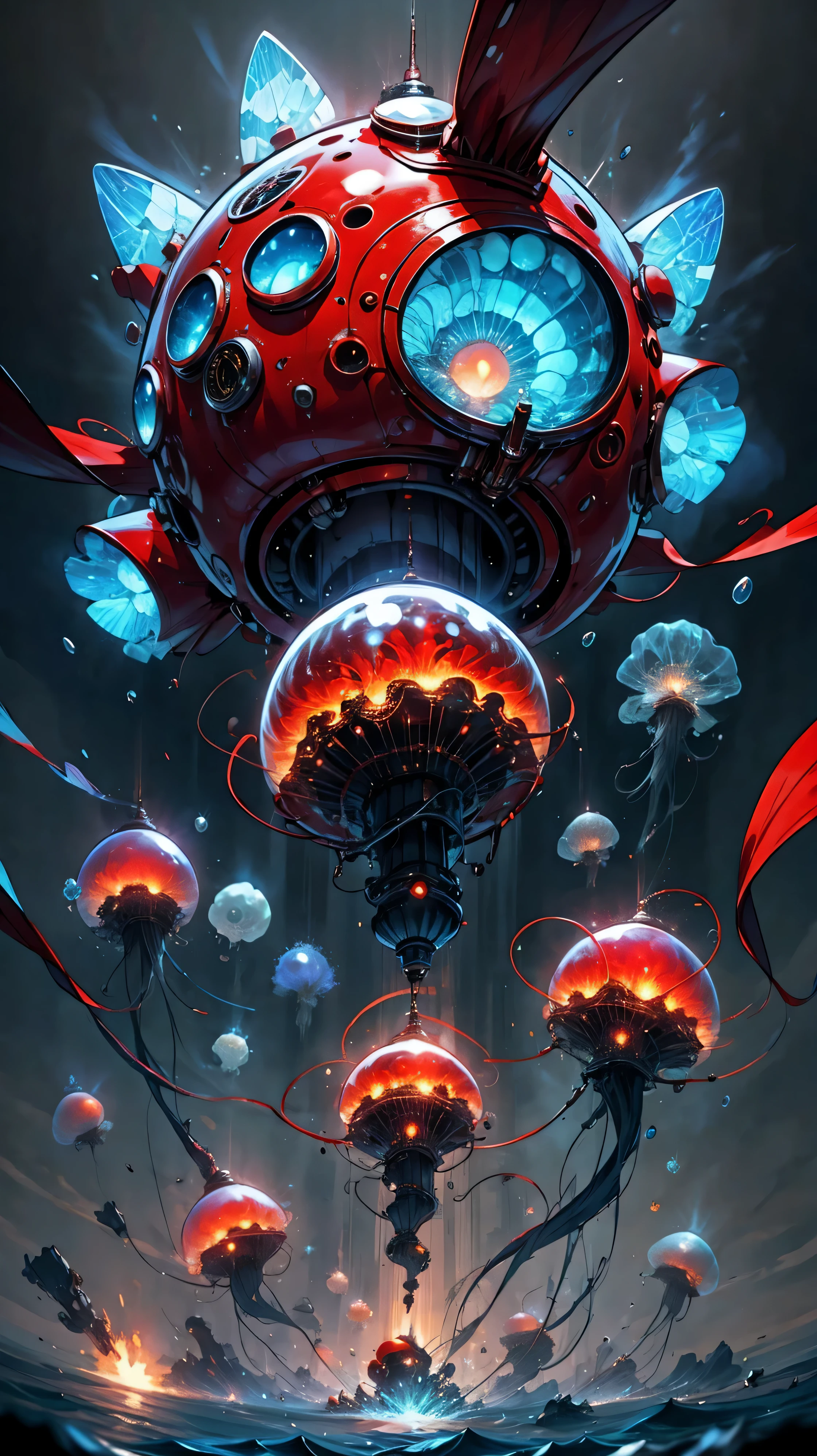 sphere-shaped bomb jellyfish, vibrant red, explode, red jellyfish structure, bomb, HD, Ultra-clear