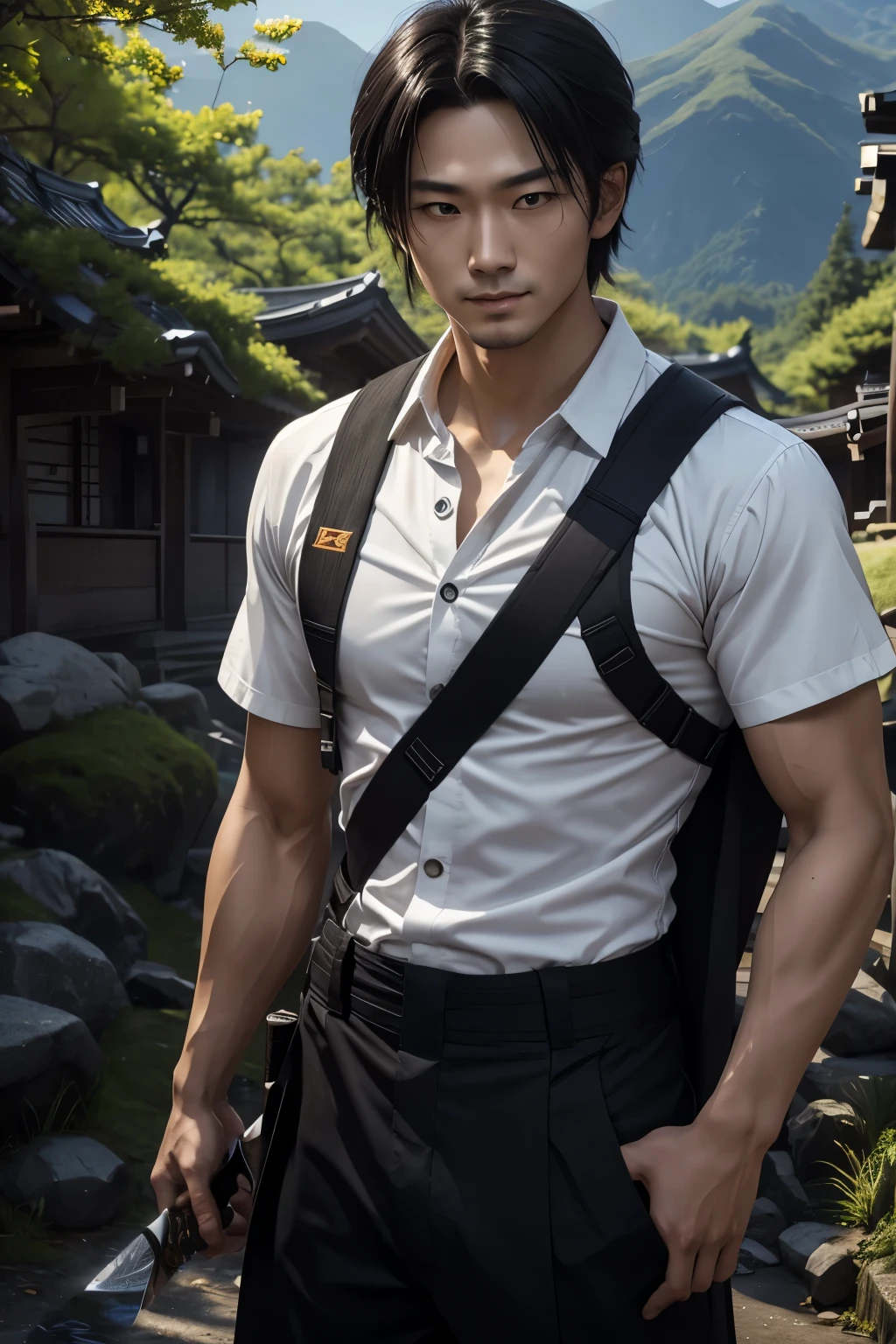 8k,Young man with fancy brown medium bob hair(24-years-old),challenging atmosphere,muscular slim body,super realistic skin,Severely cracked abdominal muscles,black and orange combat uniform,white inner shirt,black and orange combat pants,In the forest with a large and long Japanese sword,naughty smile,Big eyes,black eye,Wear black combat uniform to hide your body,perfect hand shapeの詳細,comical pose,masterpiece,Photorealistic RAW photos of the highest quality。bright colors,rich colors, Backlight, cinematic lighting, film grain, to be born, 50mm lens, Nikon D850,detailed character art,fantasy art,ultra high resolution,super realistic skin,perfect hand shape,mountain path,people４(Hanamura Yosuke),wild(super realistic skin),one point beard,アジアpeople,