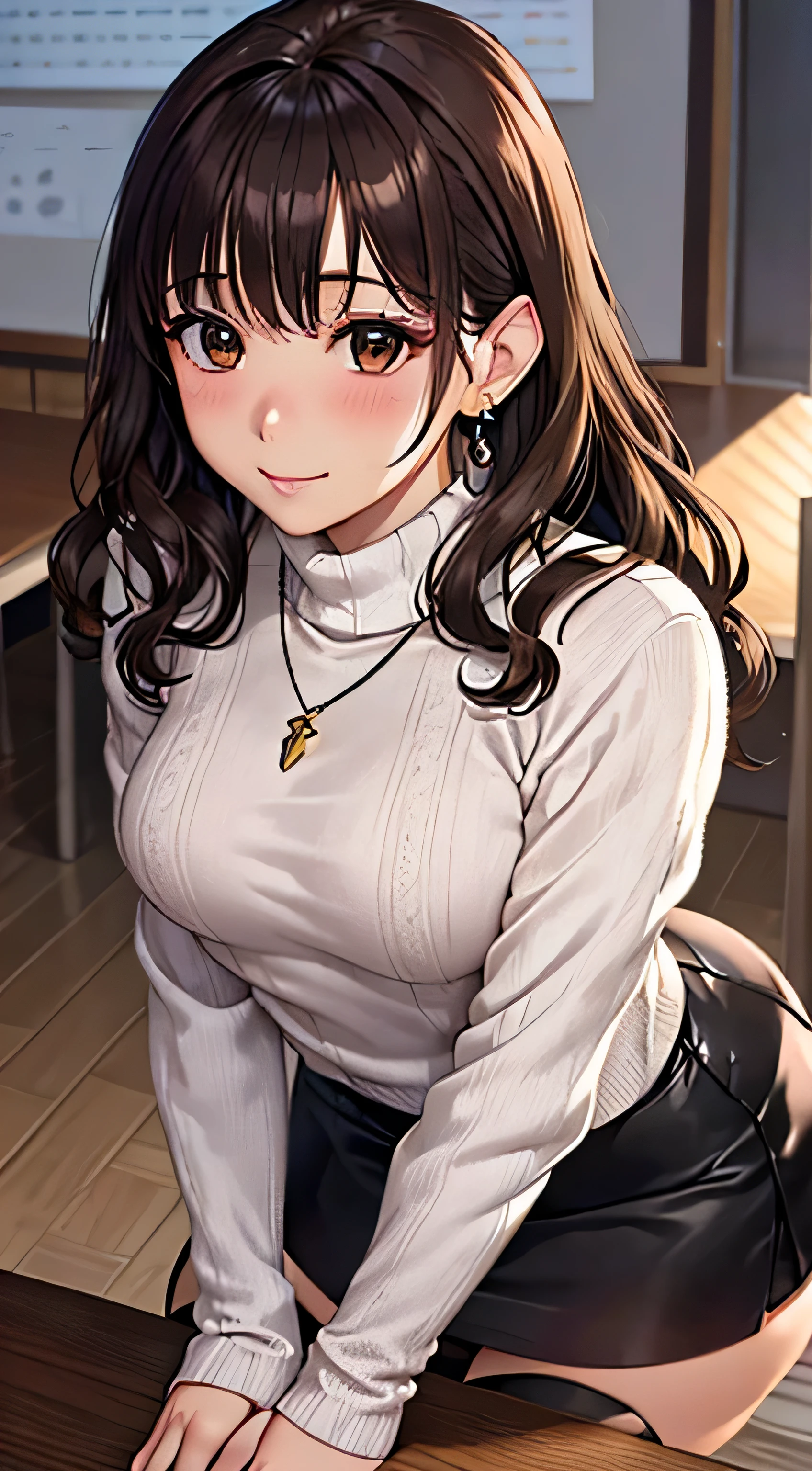 ((Tabletop, highest quality, High resolution, , Perfect Pixel, 4K,))), 1 female teacher, single, alone, beauty、The whole body is visible、 ((Mid-wave hair, bangs, Brown Hair)), ((Brown eyes, Beautiful eyelashes, Realistic eyes)), ((Detailed face, Blushing:1.2)), ((Smooth texture:0.75, Realistic texture:0.65, Realistic:1.1, Anime CG Style)), Medium Chest, Dynamic Angle, Perfect body, (( , ,  Beige turtleneck sweater, long pleated skirt of dark blue color、)), 、、Very embarrassing panic smile, looked back、Leaning forward、The wind is blowing and my underwear is completely visible、Touch your buttocks with both hands、white floral lace panties、Angle from below)、