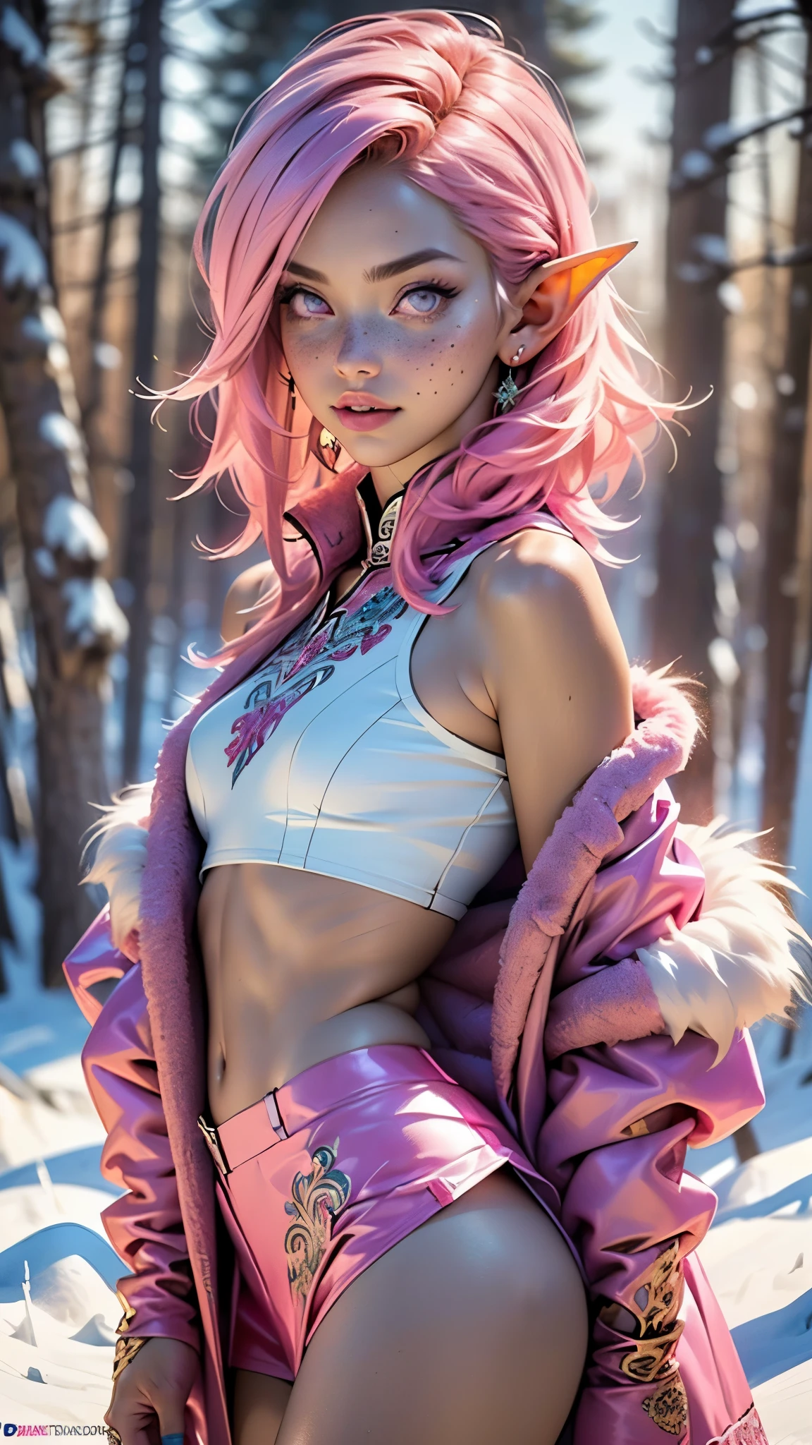 cute  elf,(((little ,tiny little body,little))),(((6 years old))),((anime elf  with extremely cute and beautiful fuchsia hair)), (((elf))), (((elf ears))),

(((flat chest))),((((fuchsia hair:1.35,short fuchsia hair,colored inner hair,ear breathing)))),(((pink_eyes:1.3))),intricate eyes,beautiful detailed eyes,symmetrical eyes,big eyes:1.5,(((freckles on the face,freckles,freckled girl))),(((lustrous skin:1.5,bright skin: 1.5,skin tanned,shiny skin,very shiny skin,shiny body,plastic glitter skin,exaggerated shiny skin,illuminated skin))),(detailed body,(detailed face)),

cute,slutty,erotic,daring,((nsfw)),

zettai ryouiki,revealing clothing,show skin,(((Sexy pink fur coat, pink fur coat outfit, wearing a pink fur coat:1.3,pink winter coat))),((pink mini-skirt,pink mini skirt with furry edge,visible thong straps)),((underpants strap)),(white gloves,pink clothes,semi-naked,with little pink clothing,(((furry edge clothing)))),(((intricate outfit,intricate clothes,embroidered outfit,ornate outfit,embroidered clothes,ornate clothes))),

(dynamic pose:1.0),embarrassed,(centered,scale to fit dimensions,Rule of thirds),

((snowy pine forest)),winter,scenery:1.25,((intricate scenery)),((snow forest background)),

(Glossy winter ornaments),highres,sharp focus,(ultra detailed,extremely detailed),(photorealistic artwork:1.37),(extremely detailed CG unity 8k wallpaper),(((vibrant colors,vibrant theme))),(intricate),(masterpiece),(best quality),artistic photography,(photography taken by sldr),(intricate background),perfect rendered face,perfect face details,realistic face,photo realistic,analog style,((intricate detail)),(((realism))),
