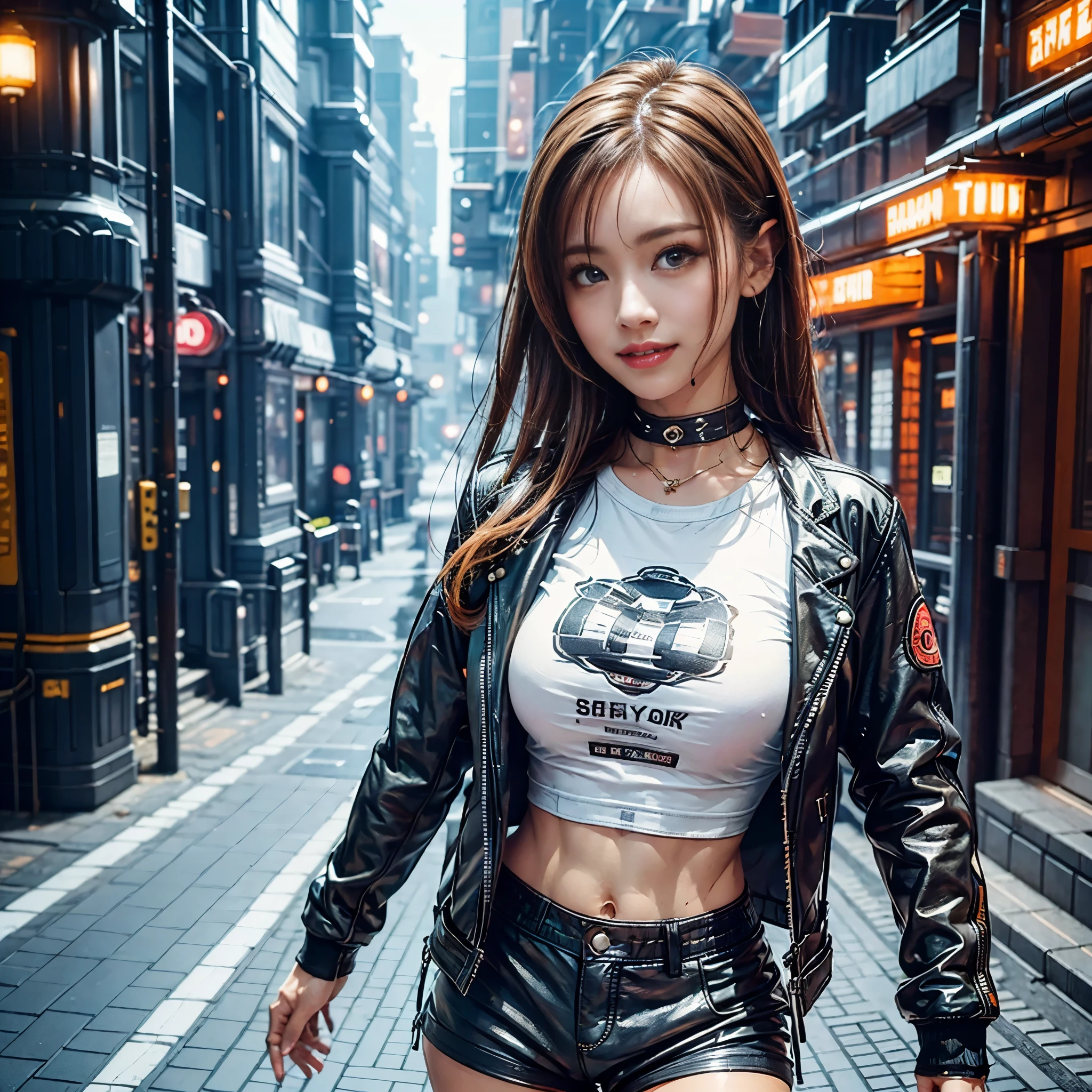 (masterpiece、highest quality))、shape、Super detailed、8k、realistic、sharp focus、very detailed、professional lighting、colorful details、(unparalleled beauty)、(detailed texture)、(skin moisture)、(shiny skin)、(perfect style)、( body)、twin tails、belly button、smile、Full body Esbian、bow、(precise fingers:1.505)、(Flashy T-shirt, biker jacket and shorts:1.4)、(On the street corner of a futuristic city)、(COMG3O)、(night)、big breasts、shine、intricate details、Shitsumeka、A woman is in front of the camera、