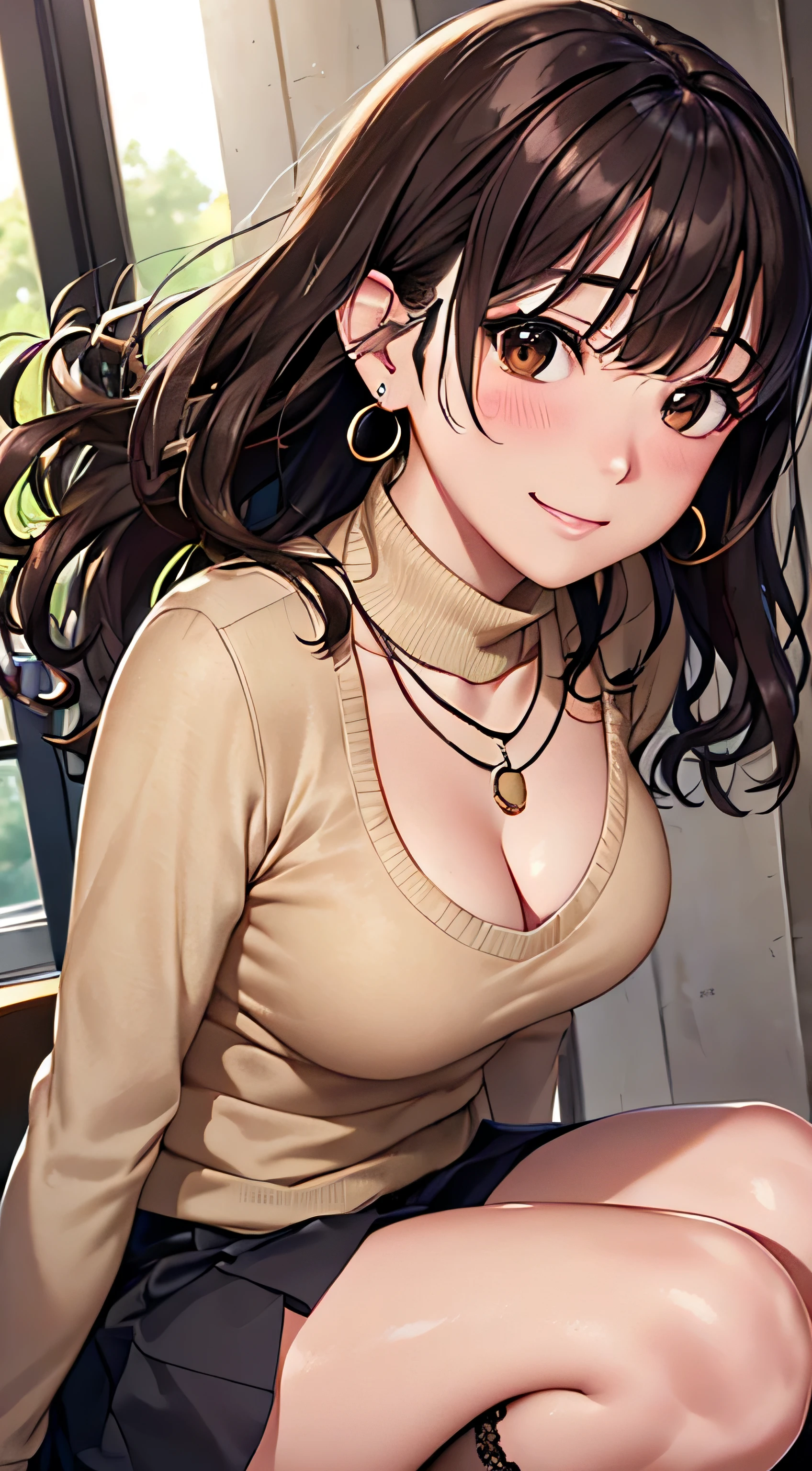 (table top, highest quality, High resolution, , perfect pixel, 4k,), 1 girl, single, alone, Beautiful woman、I could see the whole body、 ((Wavy mid-hair, bangs, brown hair)), ((brown eyes, beautiful eyelashes, realistic eyes)), ((detailed face, blush:1.2)), ((smooth texture:0.75, realistic texture:0.65, realistic:1.1, Anime CG style)), medium breasts, dynamic angle, perfect body, ((, female teacher, , earrings、necklace、turtleneck sweater、beige flared skirt、black knee high stockings、open both legs wide、、shy smile、Sit on the floor、leaning forward)), 、、、evening、、(pink lace panties are visible、、(Bring your chest and arms together、Lift up your skirt and show your panties、The wind blows up my skirt)、angle from below)、