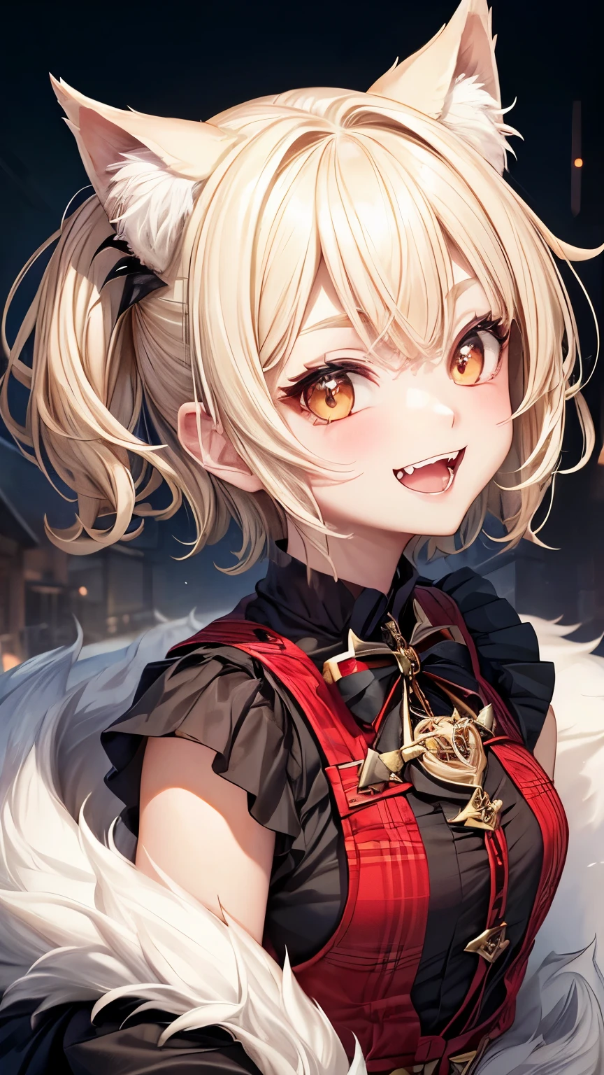 ((I can see the fangs、cute smile))、wolf blonde short hair、girl