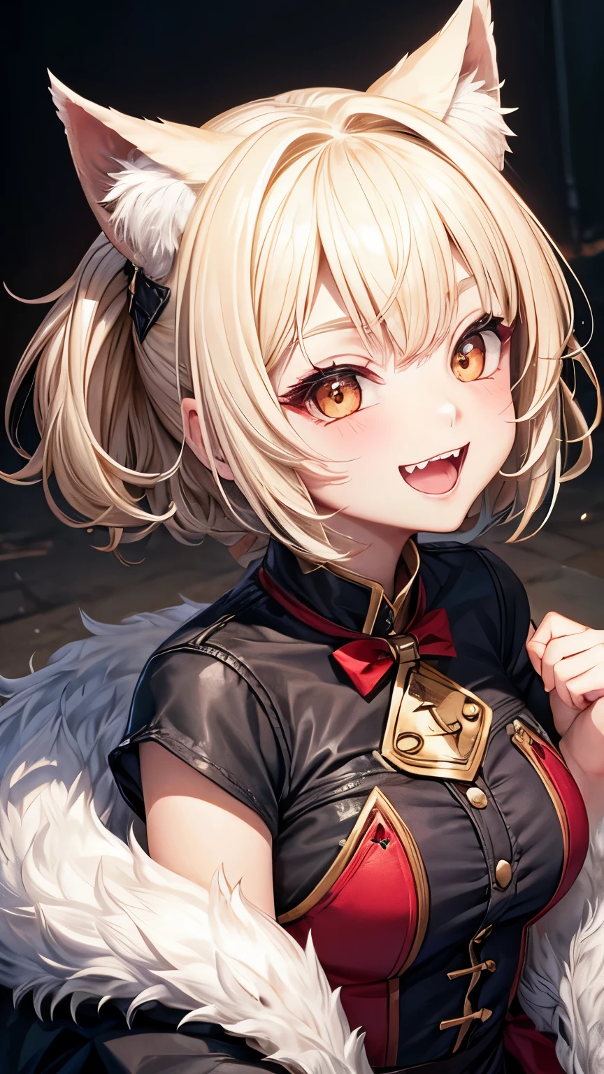 ((I can see the fangs、cute smile))、wolf blonde short hair、girl