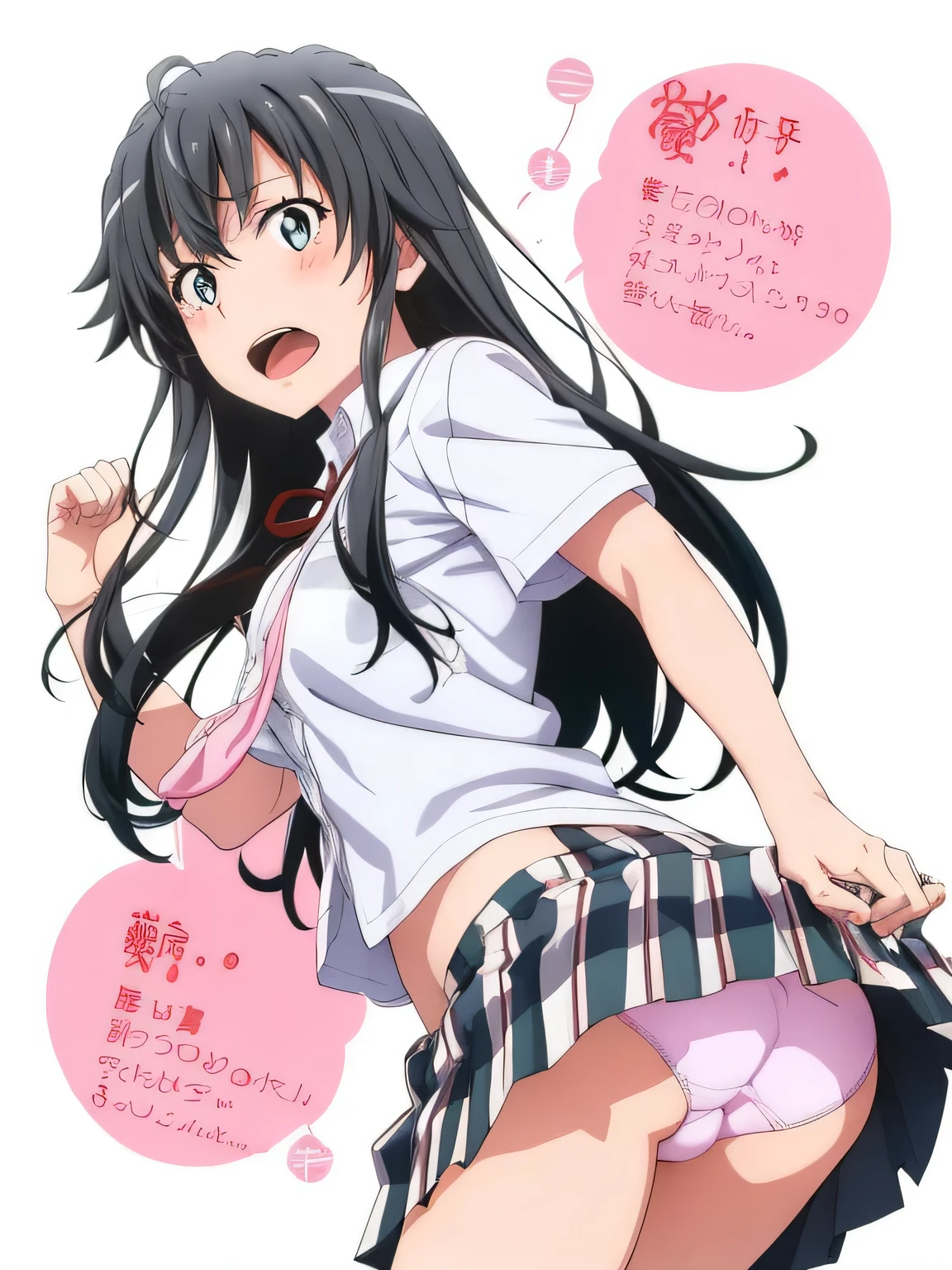 2 girls ,(old high quality) ,Yukinoshita Yukino , Yuigahama Yui , Cherry-blossom viewing,jump , embarrassed face,Low - Angle,school uniform,(check skirt),(The wind flips up my check skirt),(hold check skirt with hand),thighs,(white panties),(pink panties),