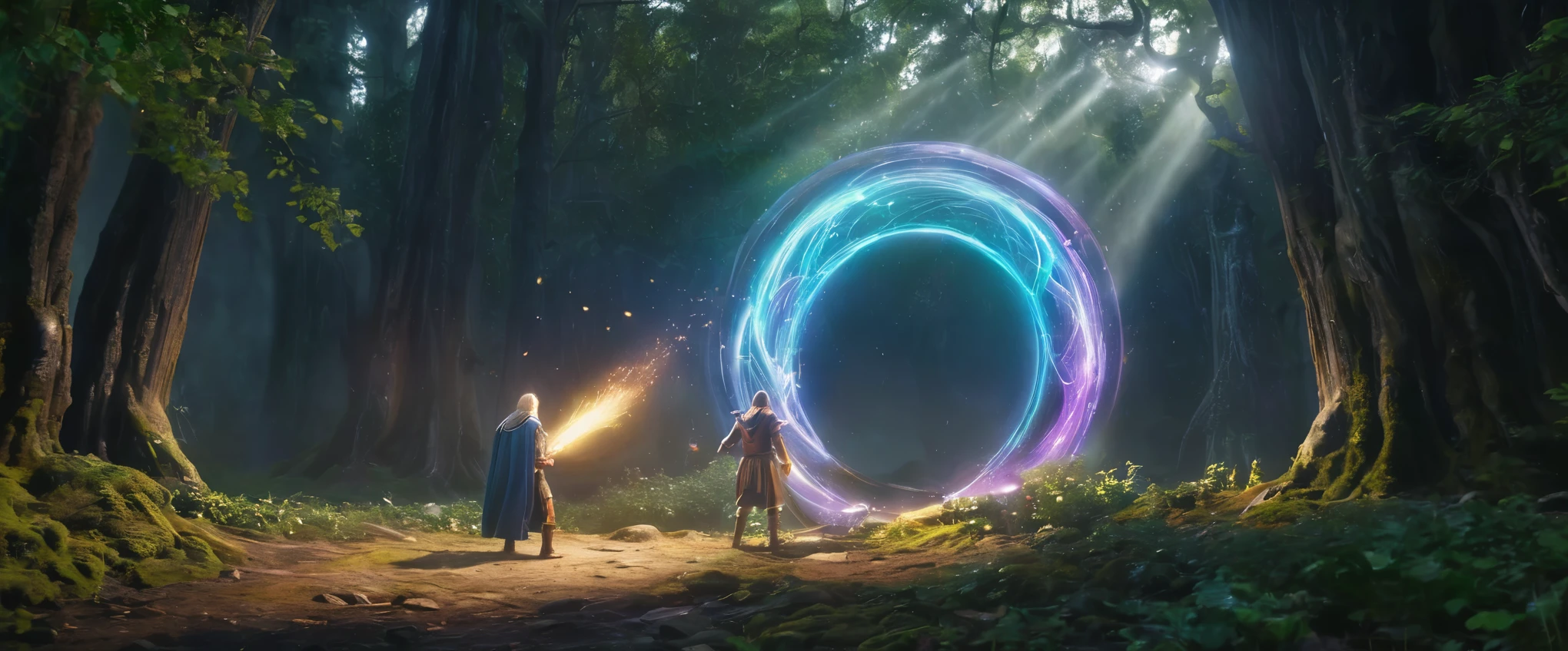 realistic picture, dark fantasy atmosphere, Three Shot (3-Shot), A powerful dark mage is standing in front of a portal he is opening to another world, he is followed by several heroes of different races (human, elf, dwarf, lowlander), A small clearing in a dark forest, a dark and inaccessible place, Glow from the torch and portal, mythical and magical atmosphere, magic is everywhere, it permeates the stones and trees and characters, Many Magic circles in portal, circle portal,  Magic circles spreading outward from the portal and engulfing more and more of the area , magic light, The portal's circular frame sparkles with many different colors and electricity, different colors, 8K, raw photo, high depth of field, cinematic, 
