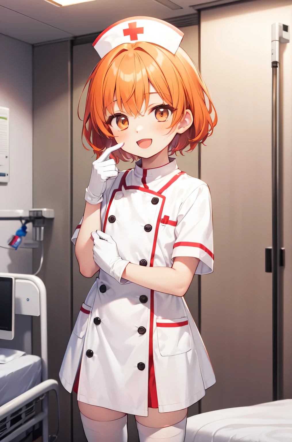 1boy, solo, male focus, nurse, white nurse cap, white nurse uniform, ((white legwear, zettai ryouiki)), white gloves, short hair, orange hair, smile, open mouth, standing, ((hospital room)), sharp outline, short sleeves, shota, , best quality, masterpiece