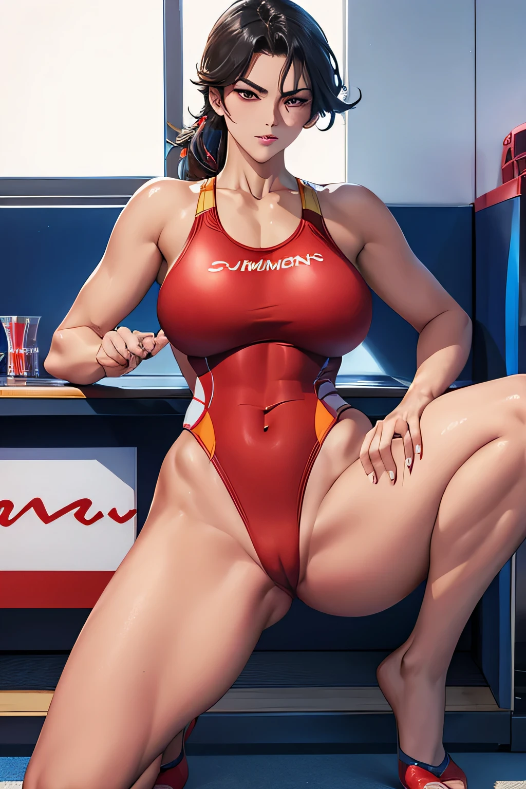 Emphasis on the crotch。Contemptuous eyes and firm expression (Glamorous photo of a dedicated female swimmer,Wearing a red competition swimsuit,Squat with your legs apart), (Strong expression and commitment to excellence:1.2), Inspired by competition,(((milf))