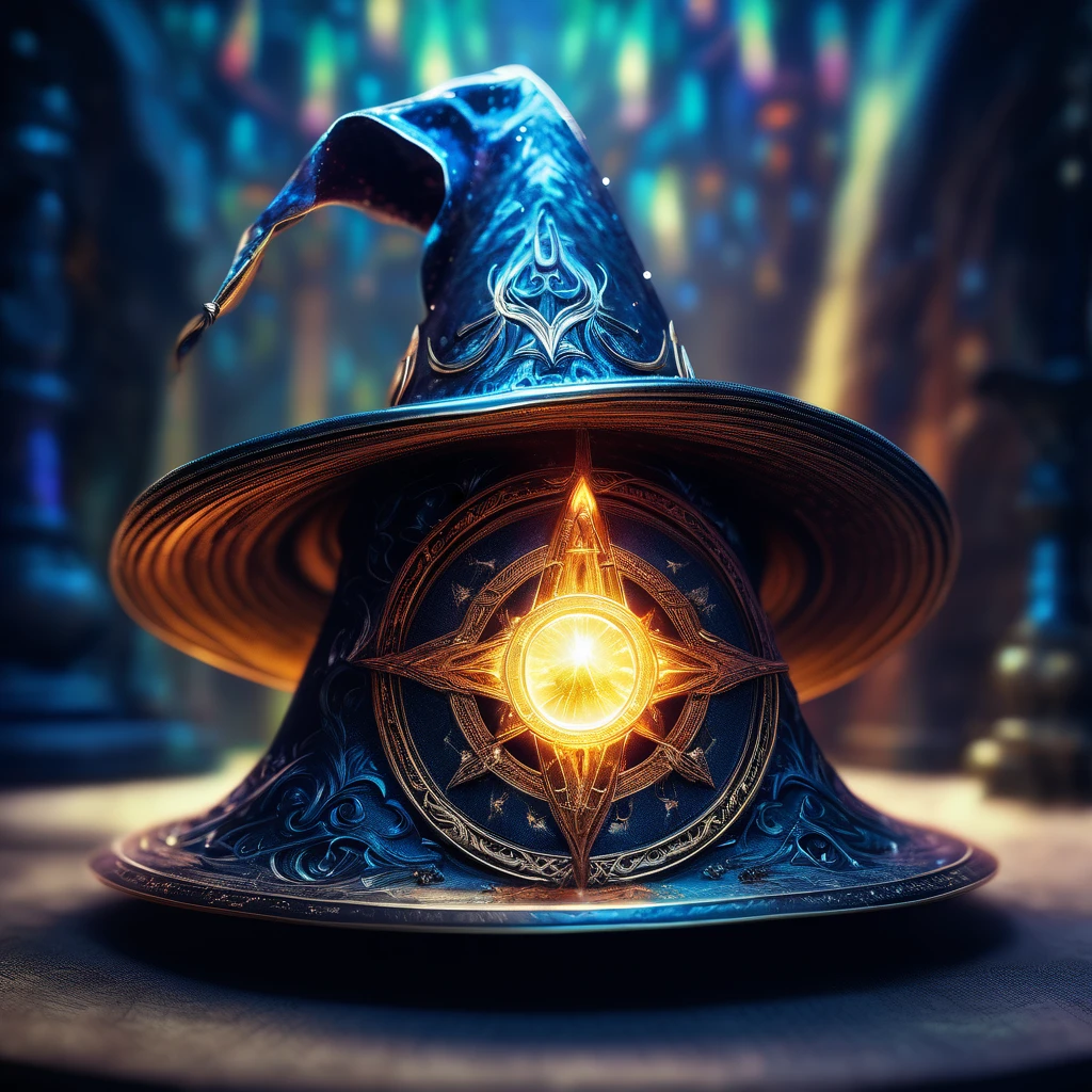 (Magic Circle:1.5), aesthetic, extremely detailed, a tattered wizard's hat, hyperrealistic, hyperdetailed, photorealistic:: incredible composition, amazing depth, meticulously composed, 16k resolution concept art, fantasy :: fantasy magazine cover art, wizard's hat glowing with magic, wizard's hat showing stars and galaxies inside, deep color, ethereal, astral, hyperdetailed, intricately detailed, Unreal Engine, iridescent, twilight, by Arthur Rackham and Beeple and Josephine Wall and Leonid Afremov and Patrice Murciano and Carne Griffiths