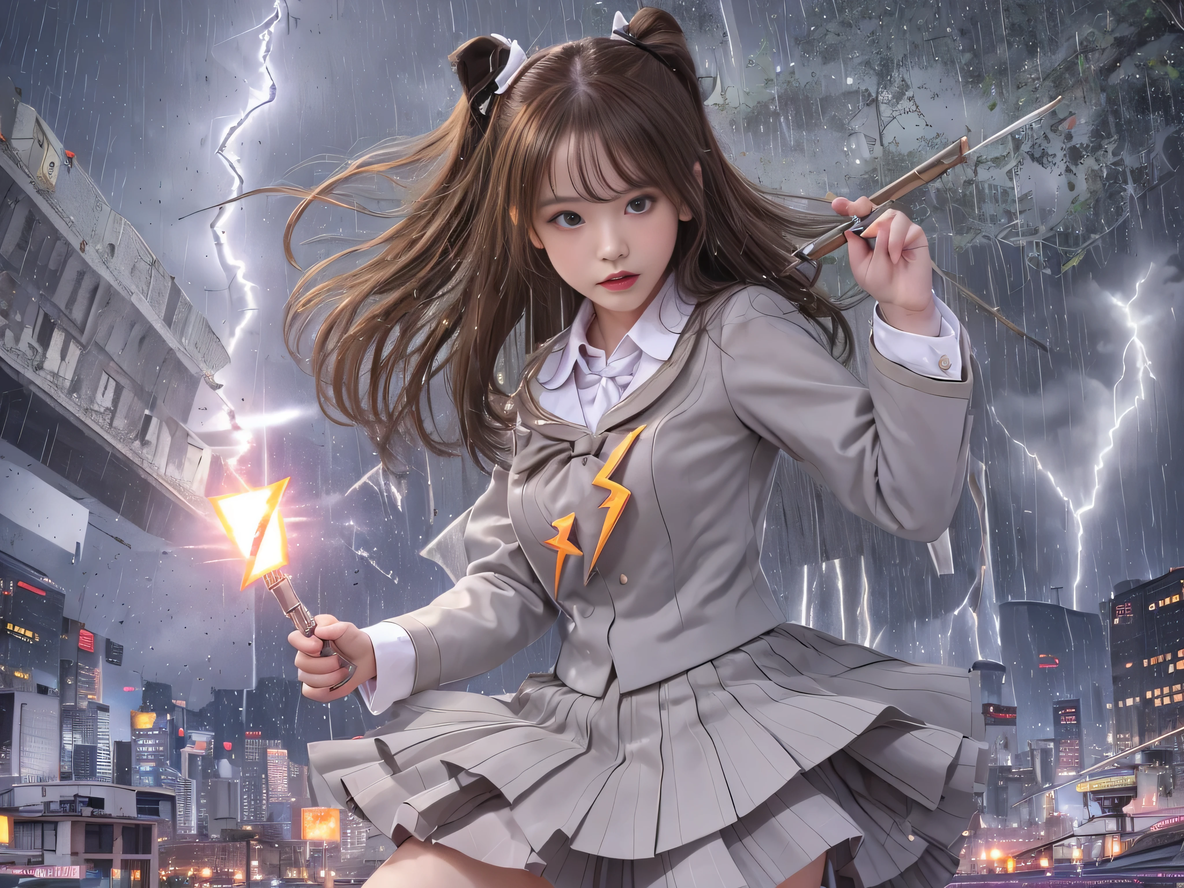 highest quality、masterpiece、ultra high resolution、(Photoreal:1.4)、RAW photo、Detailed CG image quality、cyber punk、beautiful feces、(1 Magical Girl)、16 years old, (Twin-tailed brown hair:1.4), (white ribbon for hair), (platinum silver accessories:1.4)、(white school uniform:1.4)、(big breasts thin waist)、(purple eyes:1.3), (shining eyeysterious power:1.2), (Flying fast near the ground:1.4), (has a white wizard&#39;s wand:1.4), ((A pale ball of intense light emitted from the staff.:1.4)), (Lightning comes out from inside the body:1.4)、detailed portrait、8K quality、bright colors、concept art、cinematic and dramatic atmosphere、sharp focus、volume lighting、movie lighting、Acquire studio quality、(neon lighting)、written boundary depth、environmental lighting、blurred foreground、blurred background:1.3, (Rainy night:1.4), (((Severe lightning strike:1.4))), Detailed CG image quality, 8mm fisheye lens, Angle looking up from below:1.2, (whole body angle), Full body soaked, fast shutter speed,