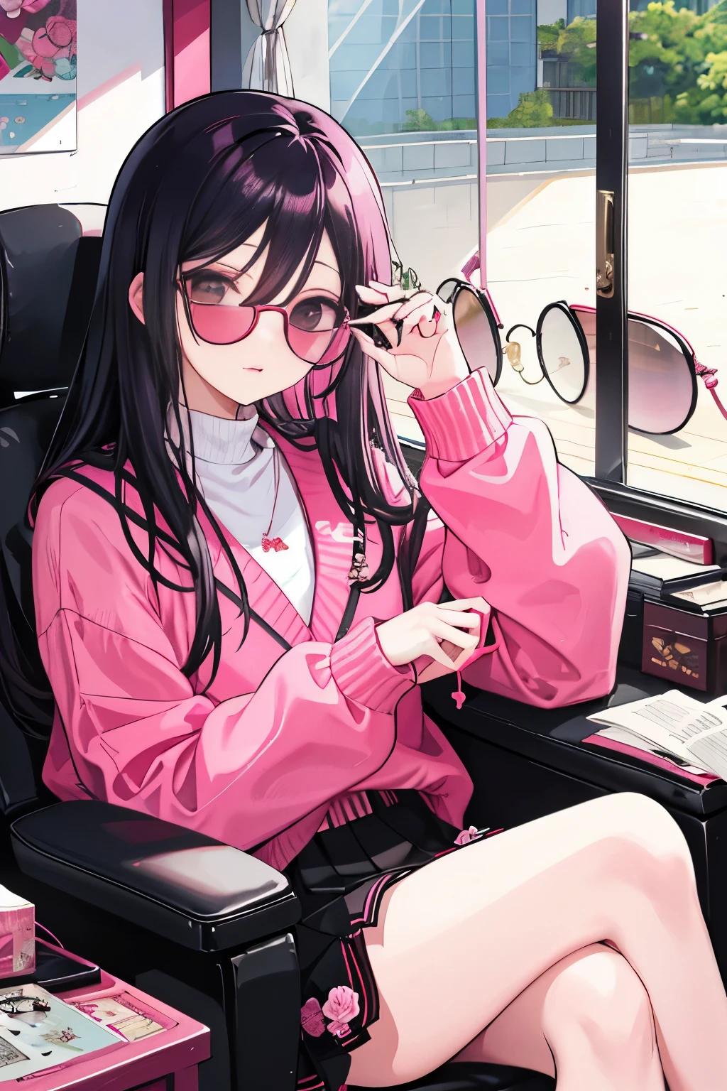 Japanese woman sitting on chair,wearing glasses on face, sunglasses, wear glasses, Urzan, woman wearing rose colored glasses, Lumrat Currency, Wearing thin and big round glasses, wearing pink glasses, Wearing small round glasses, Portrait of Keith Blackpink, blackpink jisoo, blackpink jisoo, square glasses, sunglasses