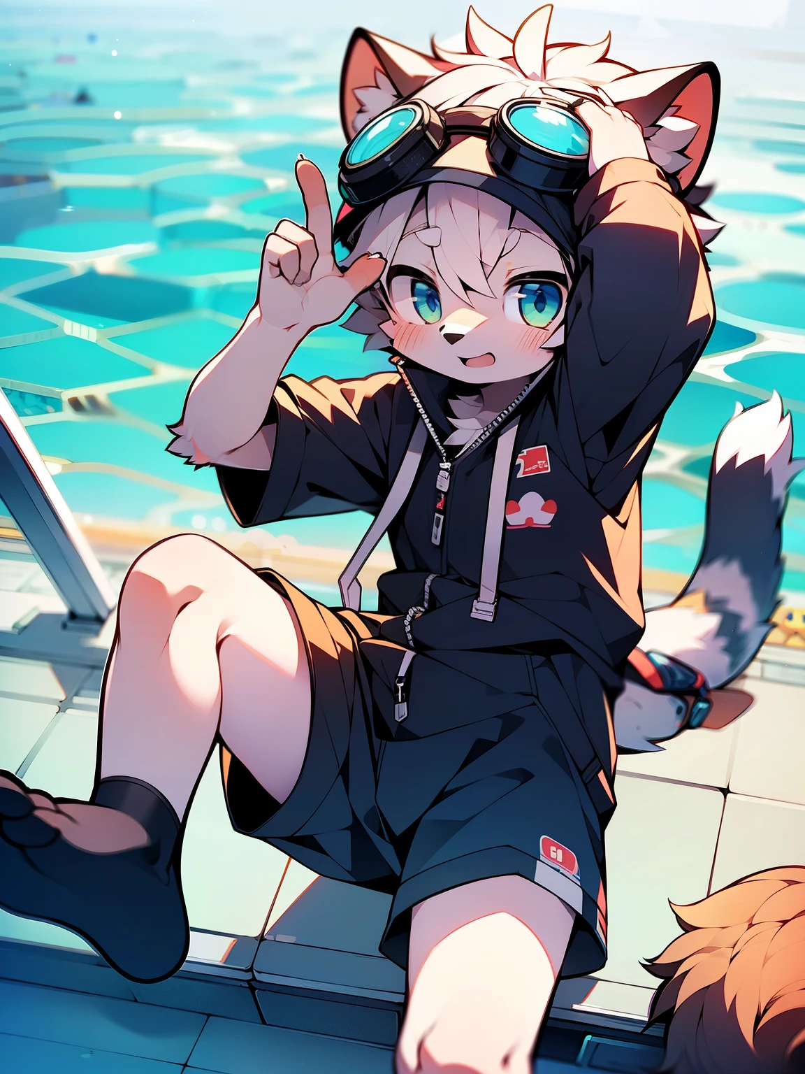 boy, (((furry))), Shota ,(One-piece swimming suit),fully body photo,Protective goggles,Cute gestures,leg loops, kemono