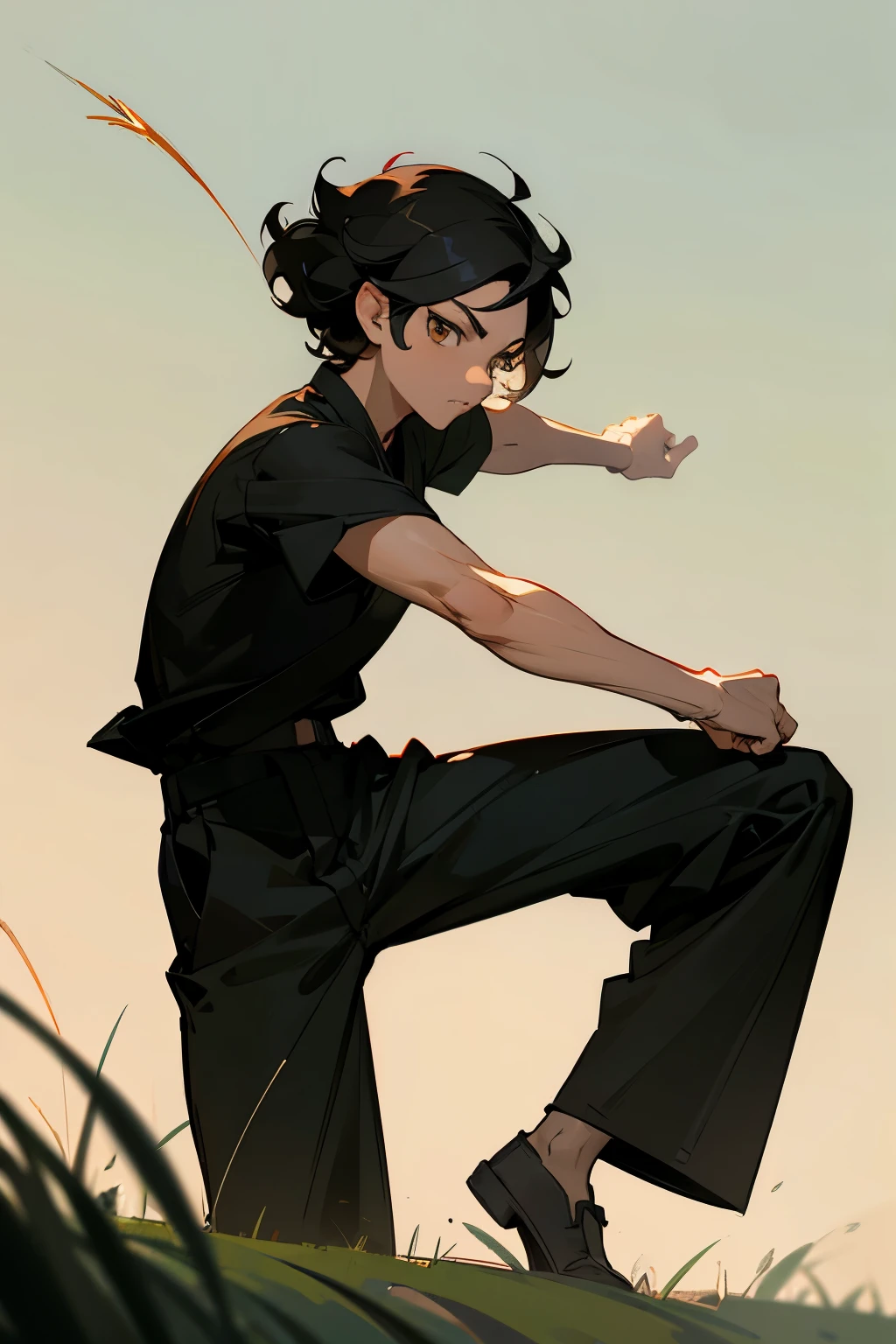 avatar, black hair, short hair, young male, black outfit, black shirt, brown eyes, grass background, curly hair, black karate pants