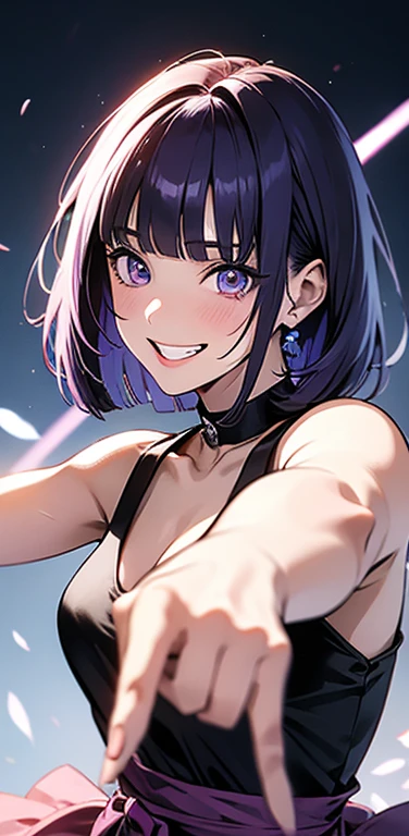 (8K、highest quality、masterpiece:1.2)、Super detailed、super resolution、Realistic、(1girl)  、(purple hair)、short hair。(blunt bangs:1.5),pink eyes、(face focus,upper body),(glowing eyes:1.4),(sundress)、(grin:1.3),open mouth、cute face,blush、small breasts,hair ribbon,(simple background),(virgin destroyer sweate)