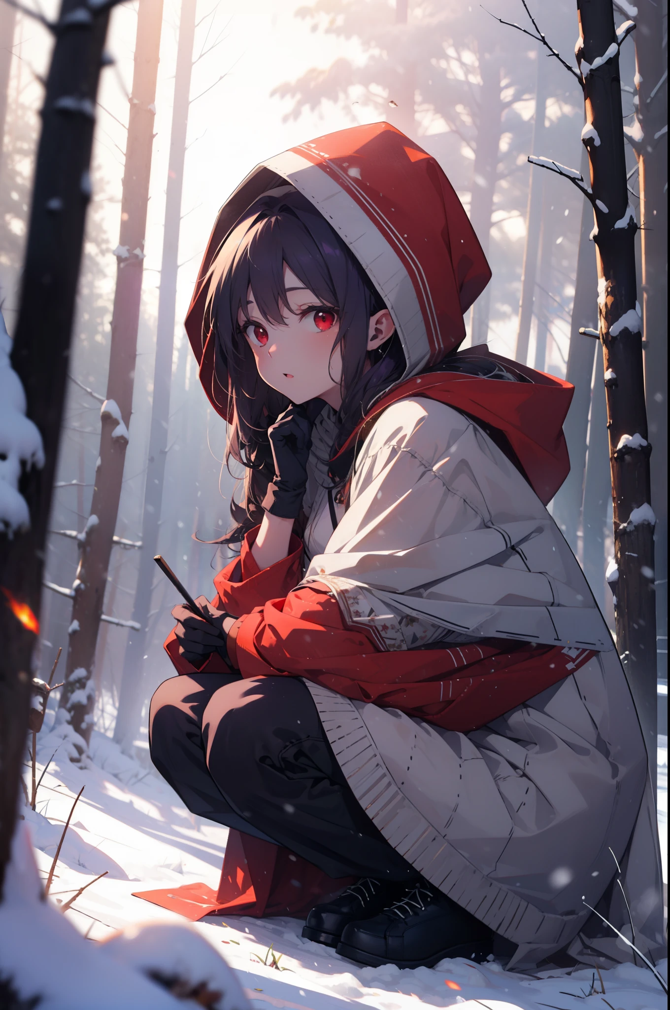 yuukikonno, Yuki Konno, hair band, long hair, pointed ears, purple hair, (red eyes:1.5), (small breasts:1.2), open your mouth,snow, hood, fire, outdoors, boots, snowing, From the side, wood, suitcase, cloak, blurry, hood up, forest, gloves, nature, brown eyes, red gloves, squat, closed mouth, hooded cloak, winter, Depth of the bounds written, black shoes, red cloak
break looking at viewer, Upper body, whole body,
break outdoors, forest, nature,
break (masterpiece:1.2), highest quality, High resolution, unity 8k wallpaper, (figure:0.8), (detailed and beautiful eyes:1.6), highly detailed face, perfect lighting, Very detailed CG, (perfect hands, perfect anatomy),