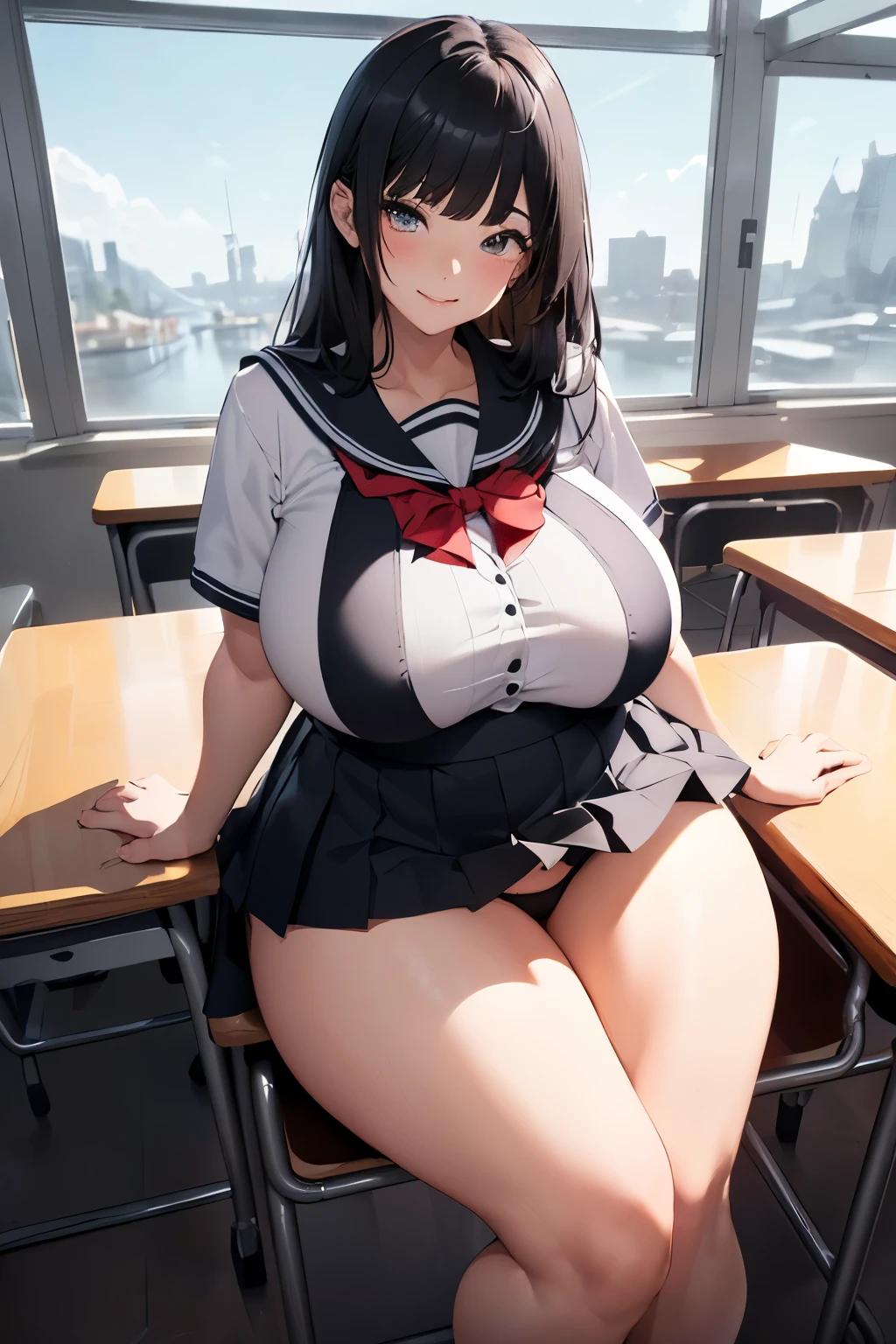 (top-quality、in 8K、32K、masterpiece、nffsw、超A high resolution、Impresionismo、huge breasts, Photorealsitic:1.2)、Angle from above、High angle、Colossal tits、cowboy shot, detailed faces and eyes、 Inside the classroom、Schools、Evening glow、beauitful face、blurry backround、-yeld beiful girl、shinny skin、long、Beautiful black hair、Blunt bangs、Invincible smile、Gray eyes、a sailor suit、Pleated miniskirt、Curve、Stand on one knee、Opening legs、(seduction)、((scornful look))、chubbily、((plump body))、((plump face))、((plump body))、((plump face))、((plump body))、((plump face))、((plump body))、((plump face))、((growing thighs))、((growing boobs))、((growing thighs))、((growing boobs))、((growing thighs))、((growing boobs))、((growing thighs))、((growing boobs))、((growing thighs))、((growing boobs))、((growing thighs))、((growing ))、((growing thighs))、((growing ))、((growing thighs))、((growing ))、((showing panties))