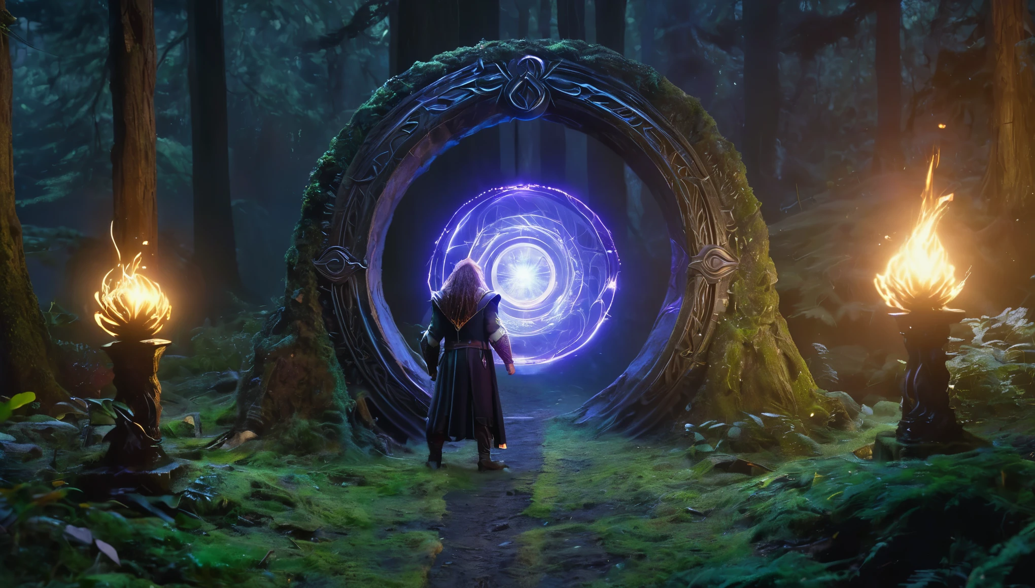 realistic picture, dark fantasy atmosphere, Three Shot (3-Shot), A powerful dark mage is standing in front of a portal he is opening to another world, he is followed by several heroes of different races (human, elf, dwarf, lowlander), A small clearing in a dark forest, a dark and inaccessible place, Glow from the torch and portal, mythical and magical atmosphere, magic is everywhere, it permeates the stones and trees and characters, Many Magic circles in portal, circle portal, Magic circles spreading outward from the portal and engulfing more and more of the area , magic light, The portal's circular frame sparkles with many different colors and electricity, different colors, 8K, raw photo, high depth of field, cinematic,