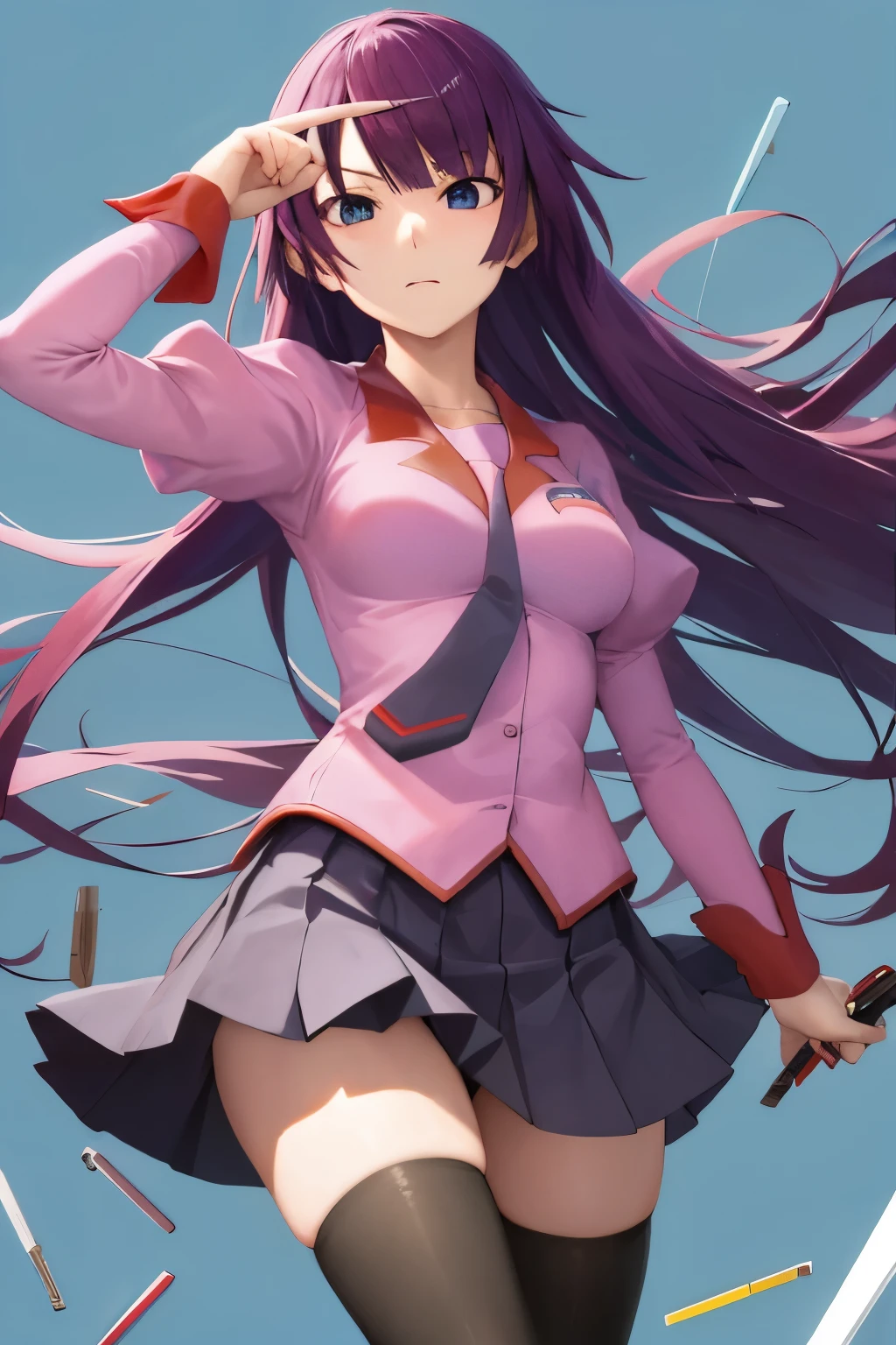 table top, highest quality, High resolution, 1 girl, Hitagi Senjogahara, senjougahara hitagi, long hair, blue eyes, purple hair, (medium breasts:1.2), BREAK skirt, thighs thighs thighs, school uniform, tie, black stockings, zettai ryouiki, Naoetsu High School uniform, BREAK Looking at the viewer, take a break outside,utility knife,,aim at the enemy,A face full of murderous intent,