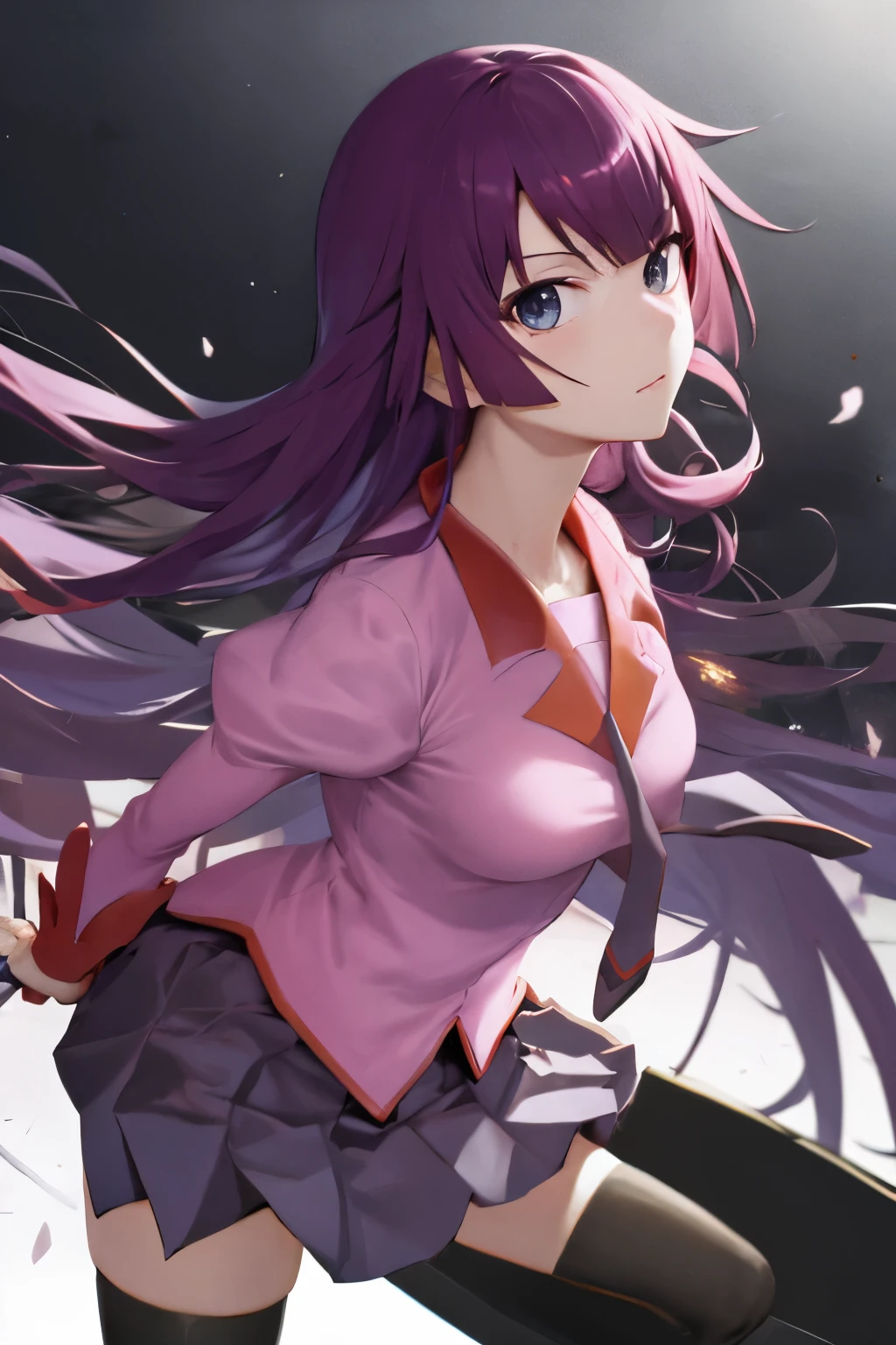 table top, highest quality, High resolution, 1 girl, Hitagi Senjogahara, senjougahara hitagi, long hair, blue eyes, purple hair, (medium breasts:1.2), BREAK skirt, thighs thighs thighs, school uniform, tie, black stockings, zettai ryouiki, Naoetsu High School uniform, BREAK Looking at the viewer, take a break outside,utility knife,,aim at the enemy,A face full of murderous intent,