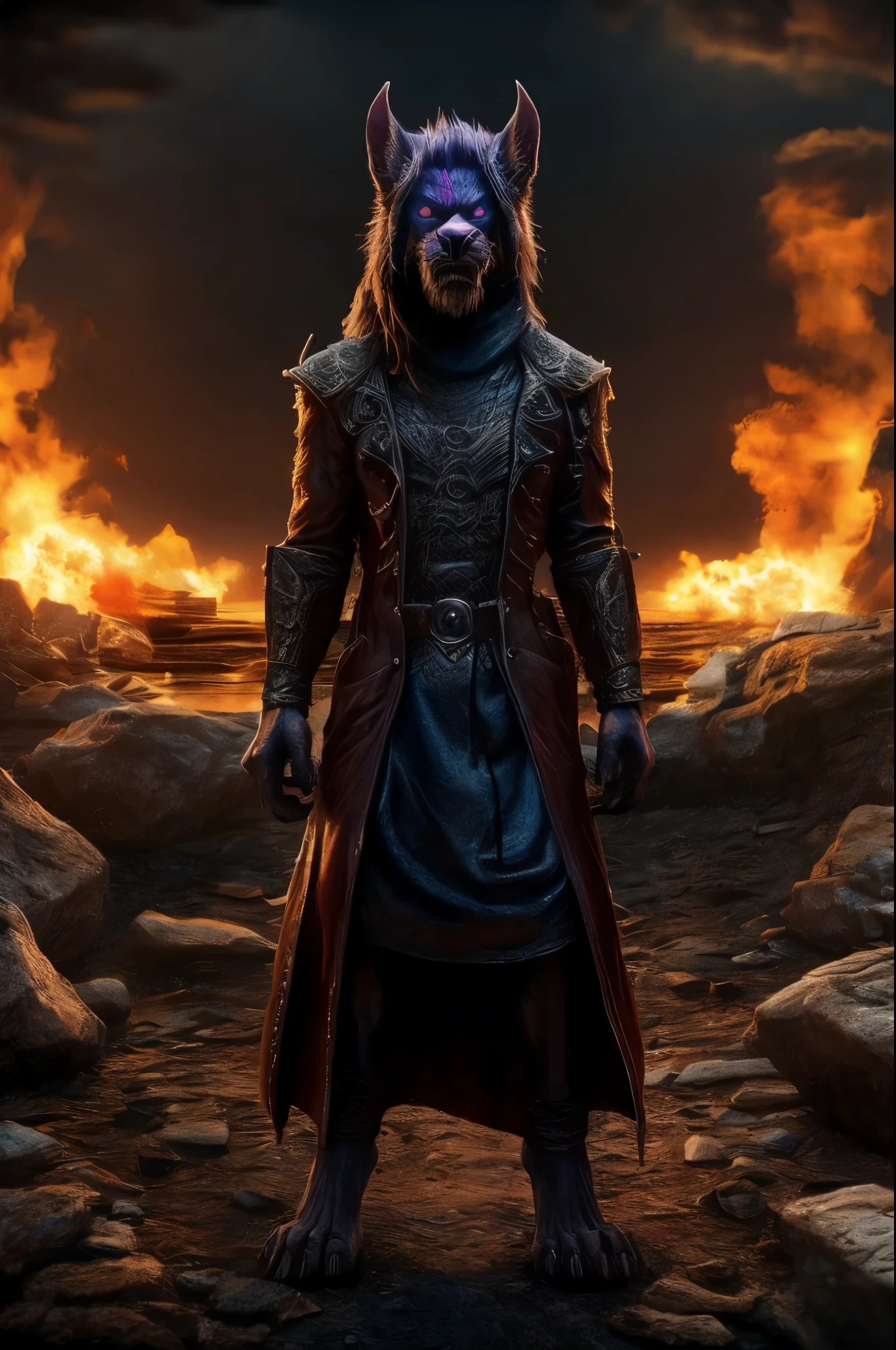 (((Barefoot furry character, full body, cinematic setting, furry male))) Angry, intimidating. BREAK, detailed background, 8K, (masterpiece:1.5), intricate details, highly detailed, extreme detail, octane render, tritone image, fine art, best quality, highres, (detailed face:1.5), ((full_body)), UHD, (((perfect hands)))