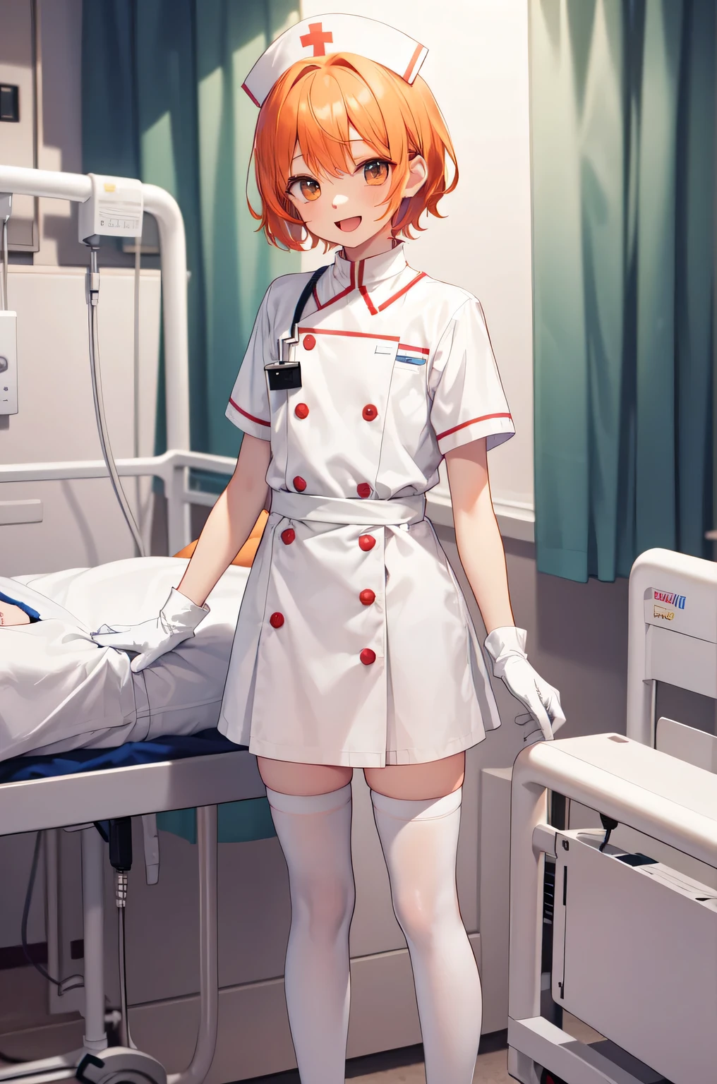 1boy, solo, male focus, nurse, white nurse cap, white nurse uniform, ((white legwear, zettai ryouiki)), white gloves, short hair, orange hair, smile, open mouth, standing, ((hospital room)), sharp outline, short sleeves, shota, , best quality, masterpiece
