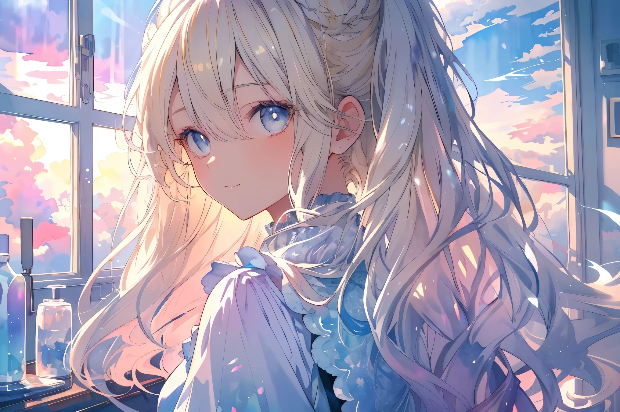 ((super detailed),sky background,beautiful clouds,The light from the back window is backlit.,element,Watercolor pattern in calm colors),(watercolor texture), ((1 girl),long gray hair,blonde hair,blue eyes,adorable,Angelic),light smile,ta prostitute,best image quality