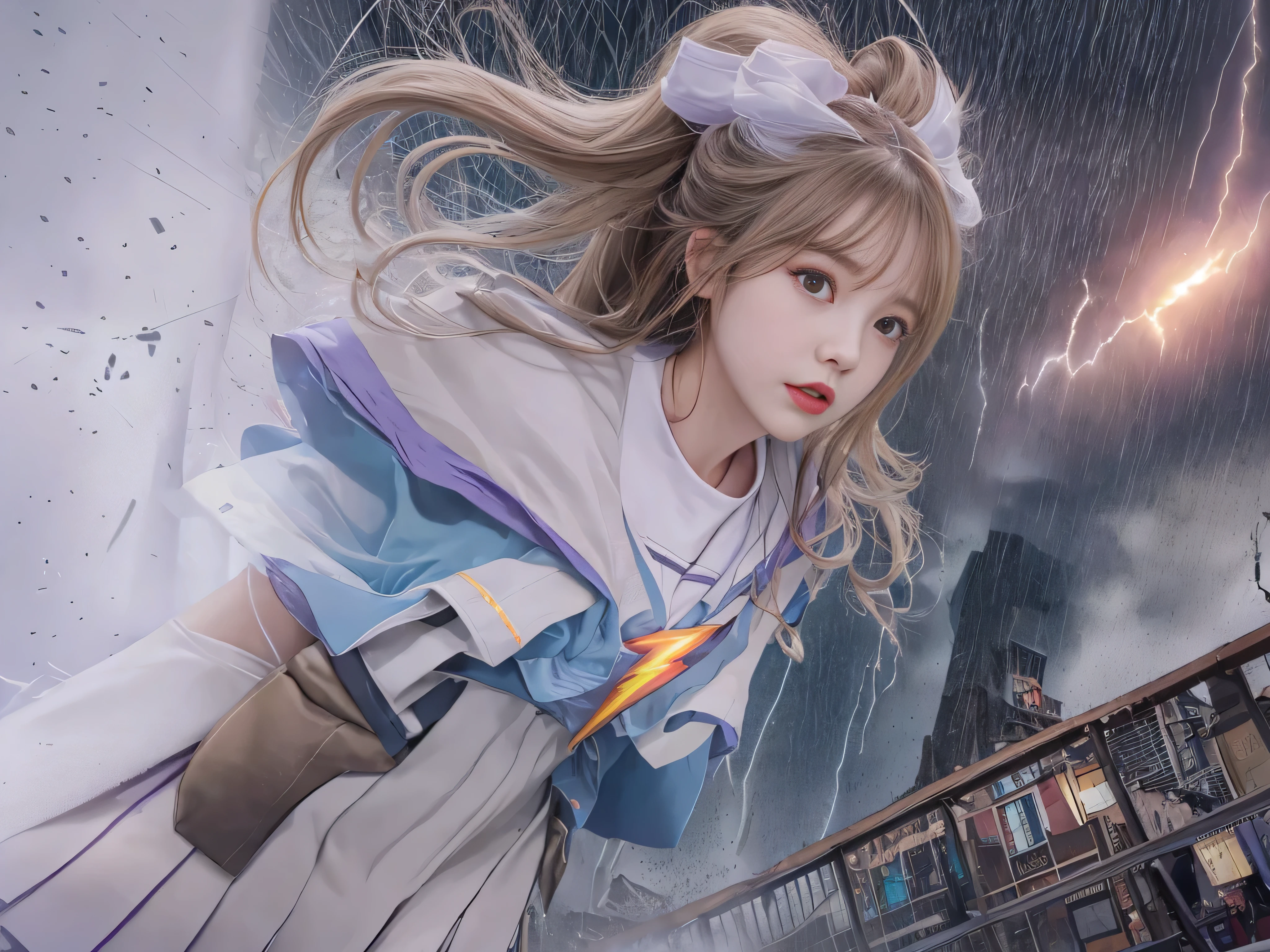 highest quality、masterpiece、ultra high resolution、(Photoreal:1.4)、RAW photo、Detailed CG image quality、cyber punk、beautiful feces、(1 Magical Girl)、, (Twin-tailed brown hair:1.4), (white ribbon for hair), (platinum silver accessories:1.4)、(white school uniform:1.4)、(big breasts thin waist)、(purple eyes:1.3), (shining eyeysterious power:1.2), (Flying fast near the ground:1.4), (has a white wizard's wand:1.4), ((A pale ball of intense light emitted from the staff.:1.4)), (Lightning comes out from inside the body:1.4)、detailed portrait、8K quality、bright colors、concept art、cinematic and dramatic atmosphere、sharp focus、volume lighting、movie lighting、Acquire studio quality、(neon lighting)、written boundary depth、environmental lighting、blurred foreground、blurred background:1.3, (Rainy night:1.4), (((Severe lightning strike:1.4))), Detailed CG image quality, 8mm fisheye lens, Angle looking up from below:1.2, (whole body angle), Full body soaked, fast shutter speed,