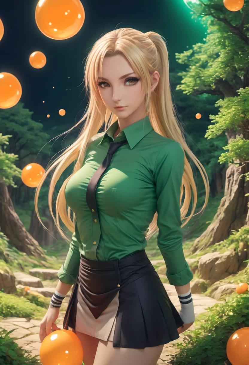 Marija, anime character, extremely skinny body shape, long legs, blonde hair with a high ponytail, mole under left eye, shoes and knee-high socks, miniskirt, tnak top, powerful, shy, submissive, the goddess of magic circles, magical powers, circles of light that emanate from his hands, action, color theme in green and orange tones with a touch of gray and brown, anime colors, fang, Surrealism, drop shadow, anaglyph, stereogram, tachi-e, pov, atmospheric perspective, 8k, super detail, ccurate, best quality