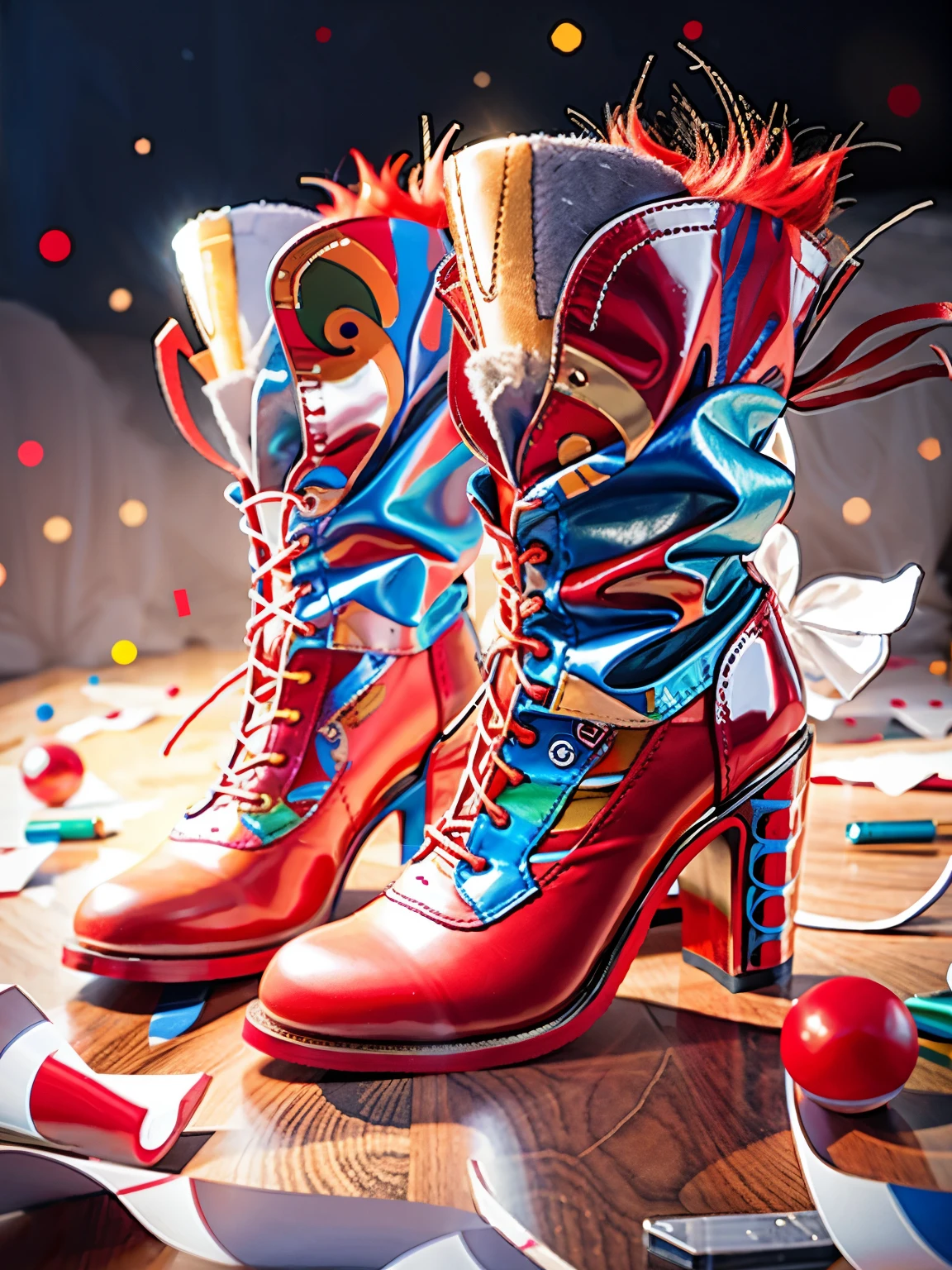 Close-up of a pair of red clown shoes.