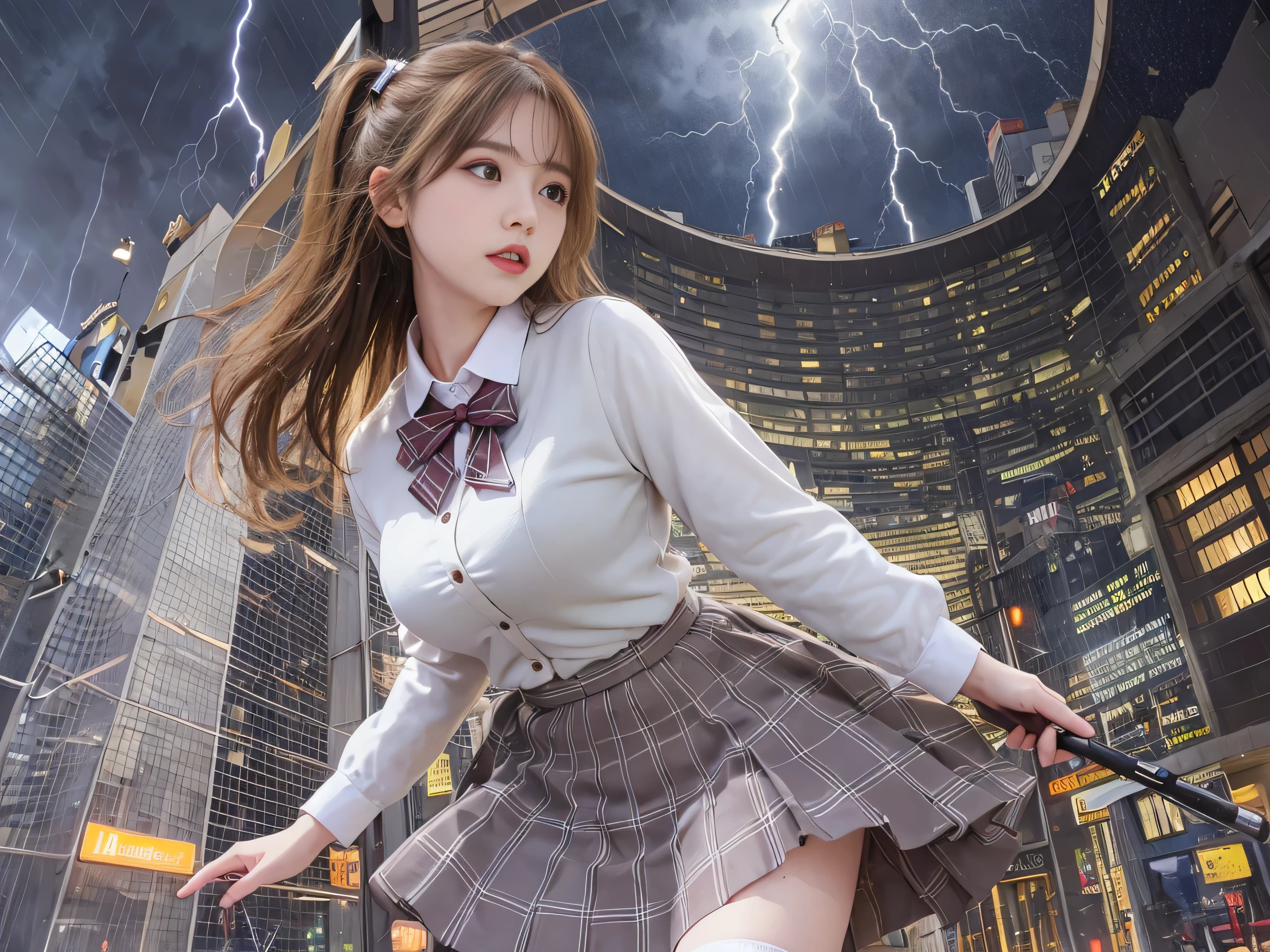 highest quality、masterpiece、ultra high resolution、(Photoreal:1.4)、RAW photo、Detailed CG image quality、cyber punk、beautiful feces、(1 Magical Girl)、16 years old, (Twin-tailed brown hair:1.4), (white ribbon for hair), (platinum silver accessories:1.4)、(white school uniform:1.4)、(big breasts thin waist)、(purple eyes:1.3), (shining eyeysterious power:1.2), (Flying fast near the ground:1.4), (has a white wizard's wand:1.4), ((A pale ball of intense light emitted from the staff.:1.4)), (Lightning comes out from inside the body:1.4)、detailed portrait、8K quality、bright colors、concept art、cinematic and dramatic atmosphere、sharp focus、volume lighting、movie lighting、Acquire studio quality、(neon lighting)、written boundary depth、environmental lighting、blurred foreground、blurred background:1.3, (Rainy night:1.4), (((Severe lightning strike:1.4))), Detailed CG image quality, 8mm fisheye lens, Angle looking up from below:1.2, (whole body angle), Full body soaked, fast shutter speed,