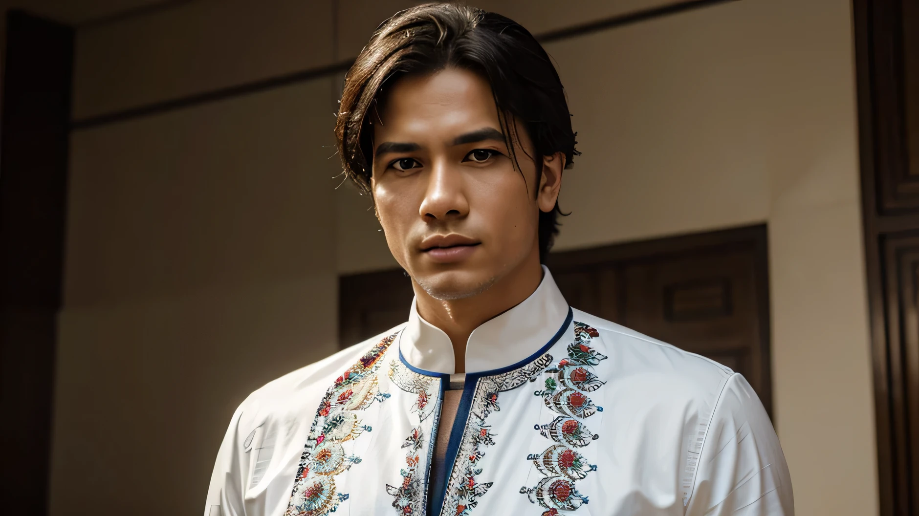 (best quality,professional,highrean wearing a barong in a serious passport-style portrait,Pao Avelino-like intensity,barong in exquisite detail,sharp focus on facial features, detailed eyes and lips,neutral background,photorealistic rendering,vivid colors,studio lighting