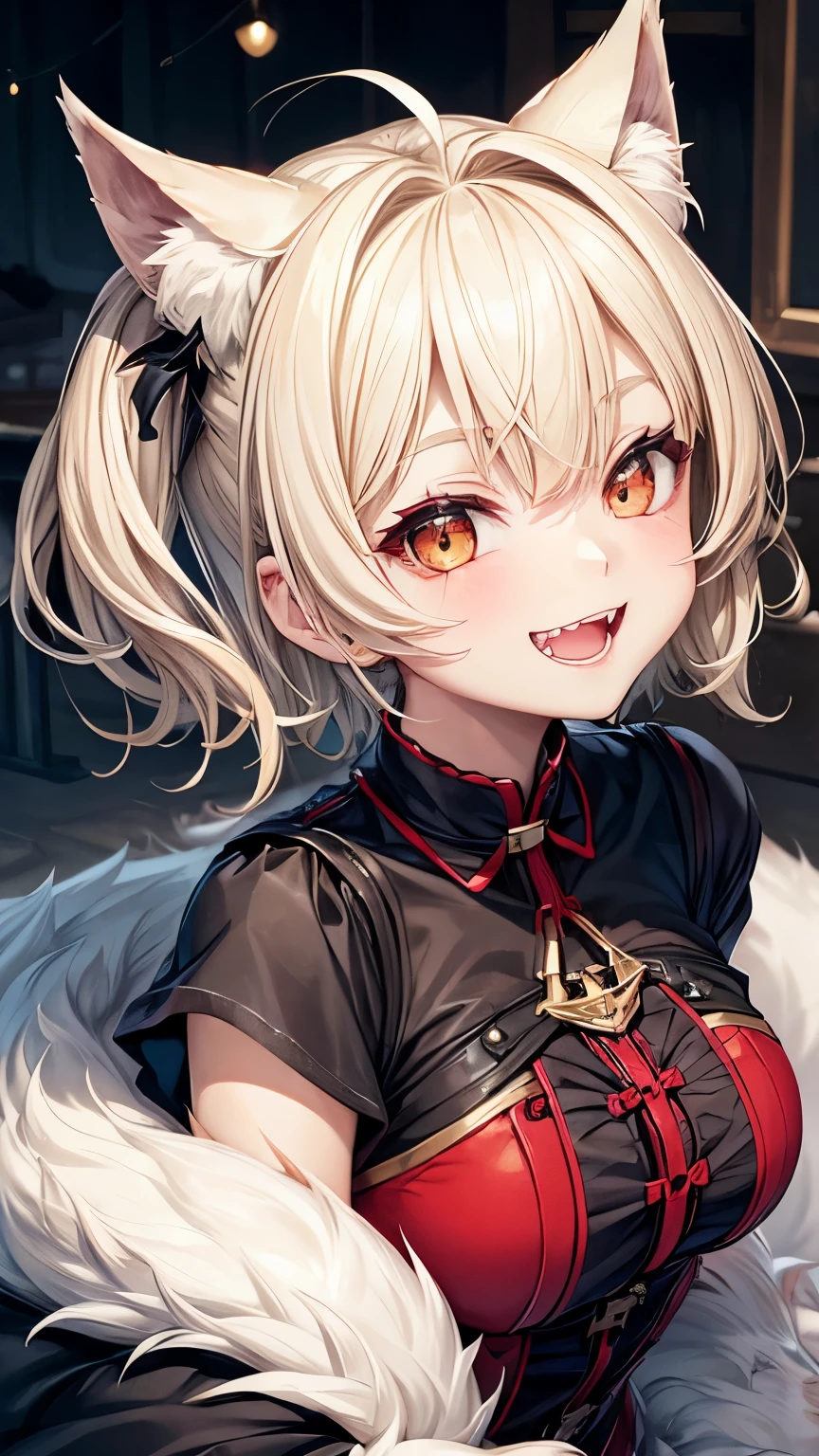 ((I can see the fangs、cute smile))、wolf blonde short hair、girl
